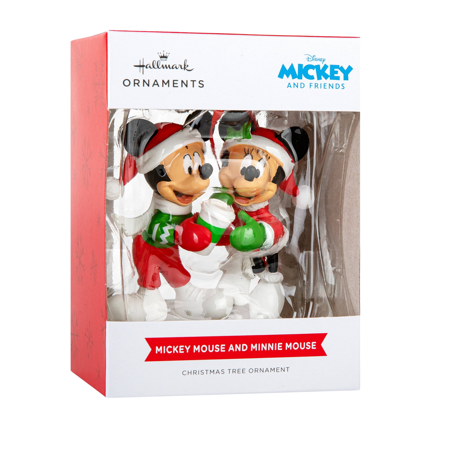 Mickey & Minnie mouse in festive attire Christmas hanging ornament in its Hallmark box packaging
