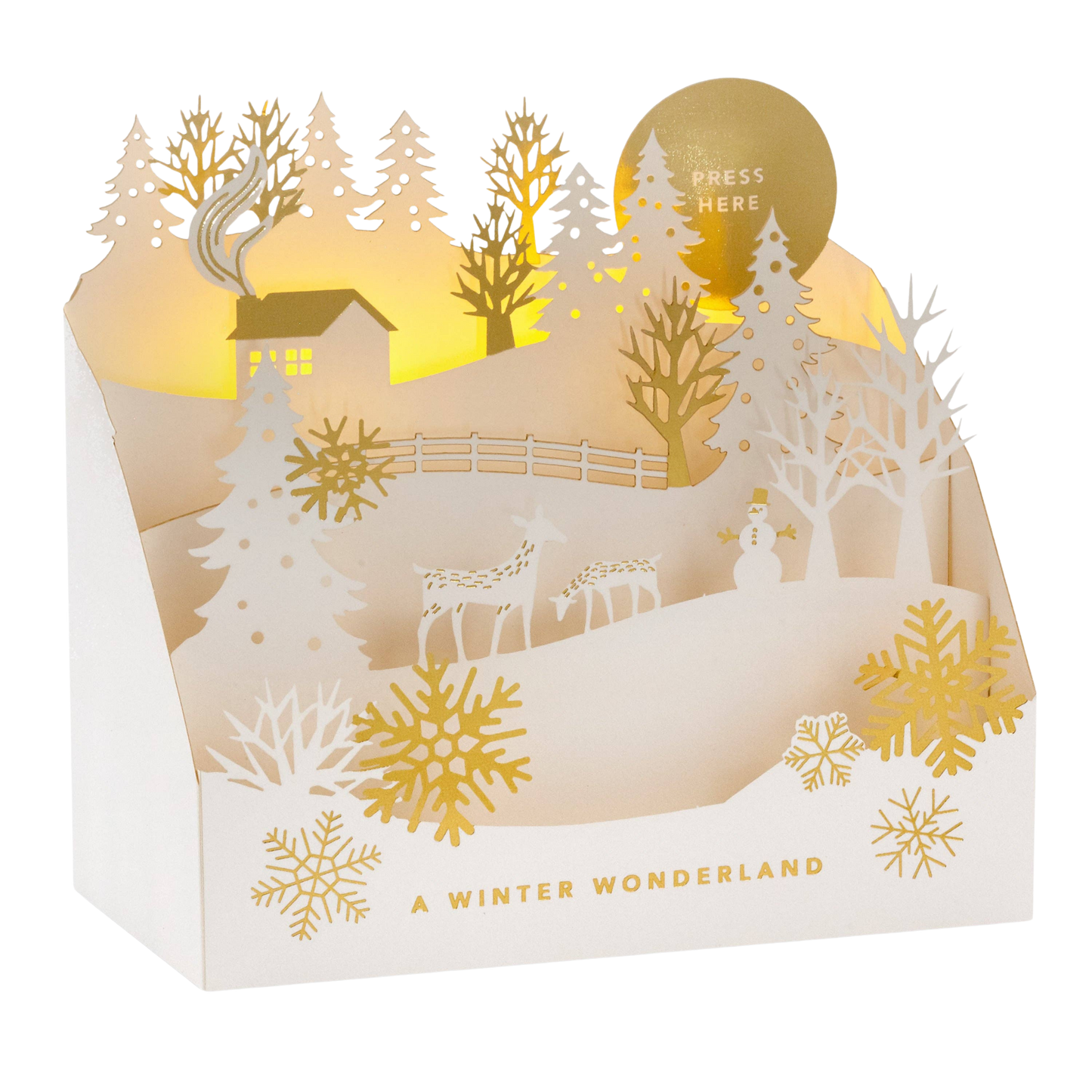 Musical Christmas Card - 3D & Pop-Up White Winter Woodland Design with Light