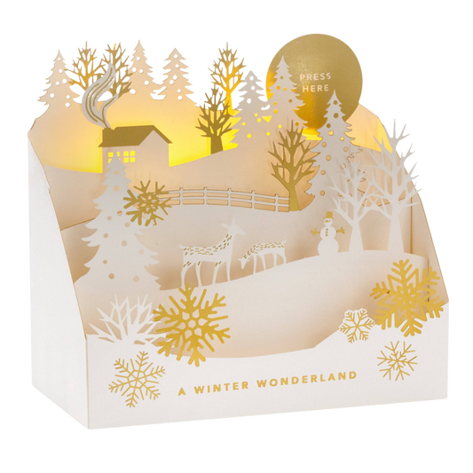 Musical Christmas Card - 3D & Pop-Up White Winter Woodland Design with Light