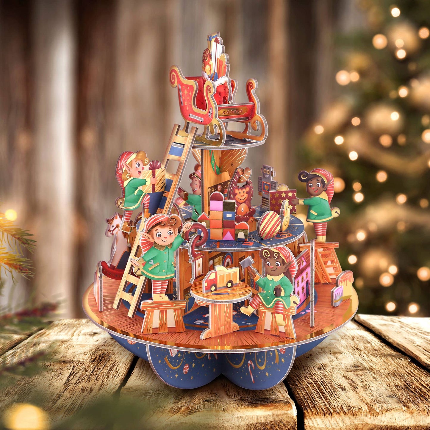 3d pop-up advent calendar of an elf workshop with elves building toys