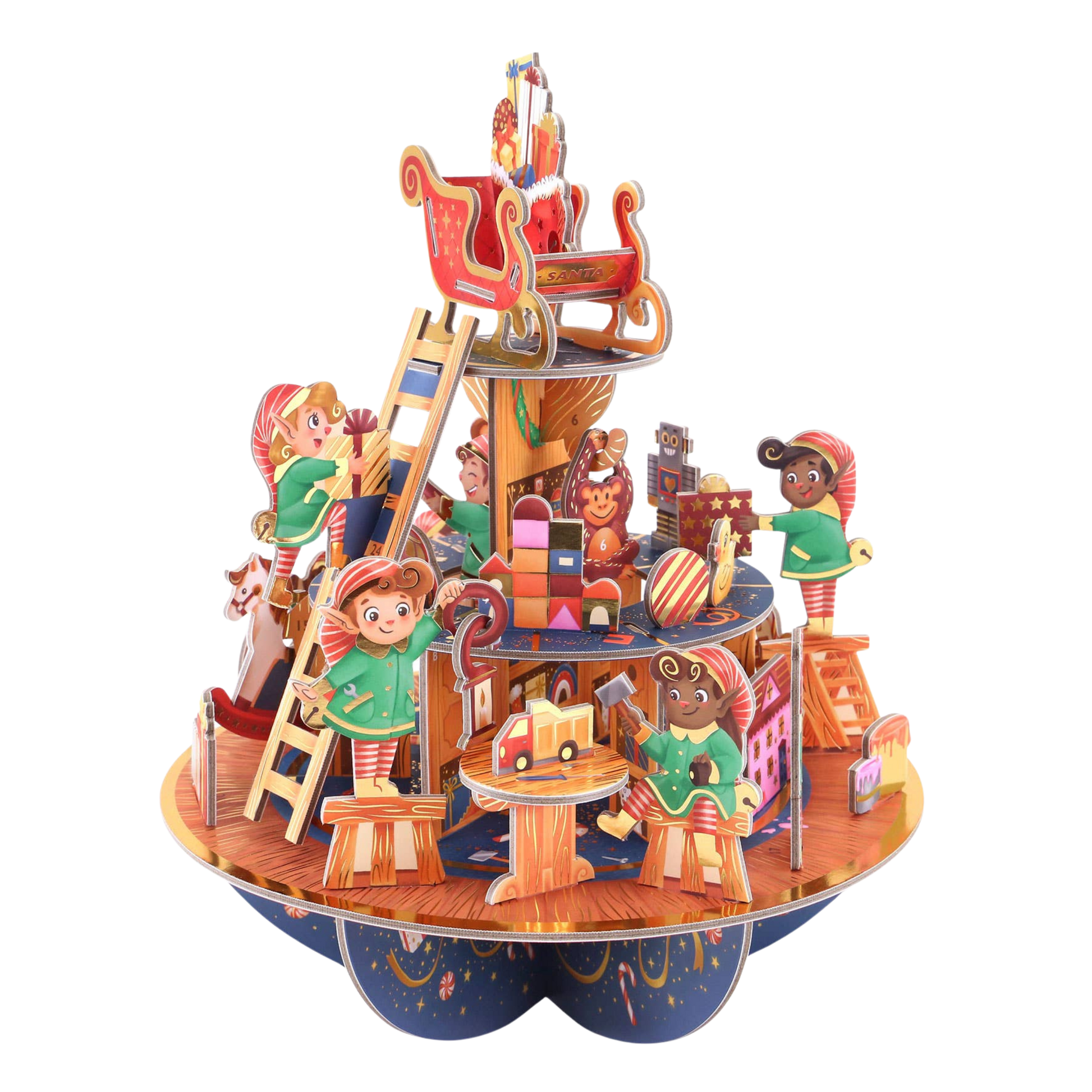 3d pop-up advent calendar of an elf workshop with elves building toys