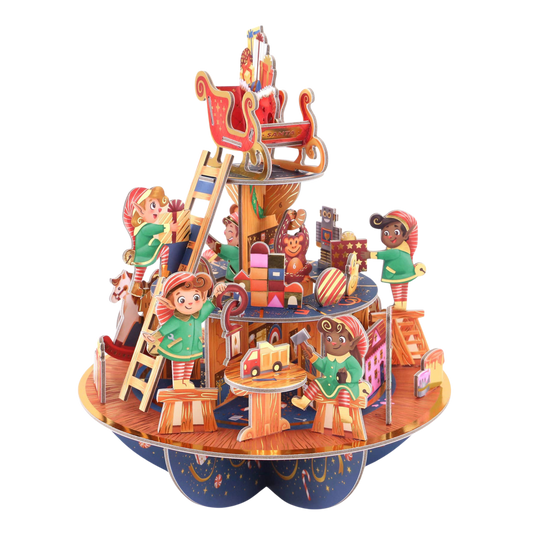 3d pop-up advent calendar of an elf workshop with elves building toys