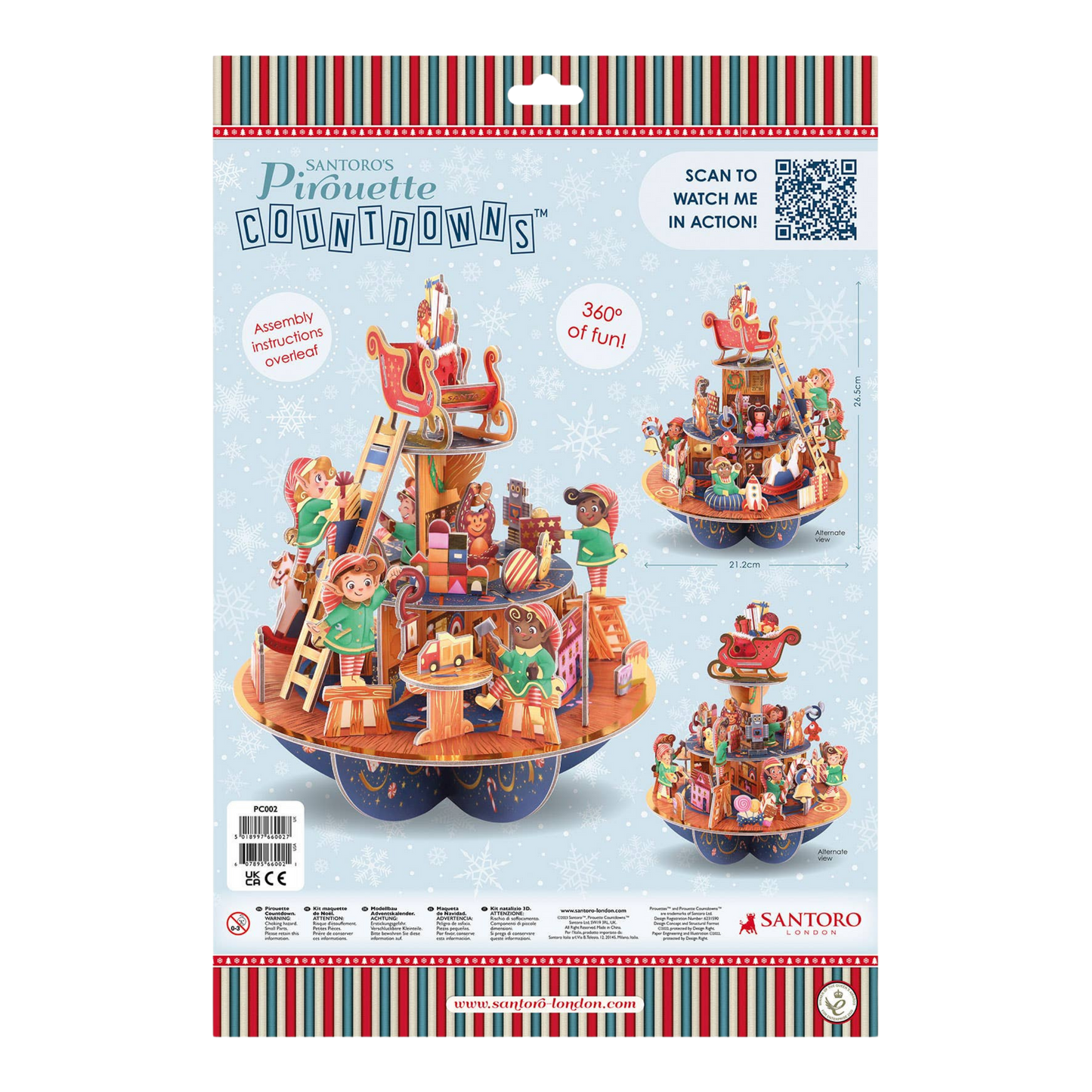 Santoro's Pinoulette Countdowns Christmas tree packaging with assembly instructions.