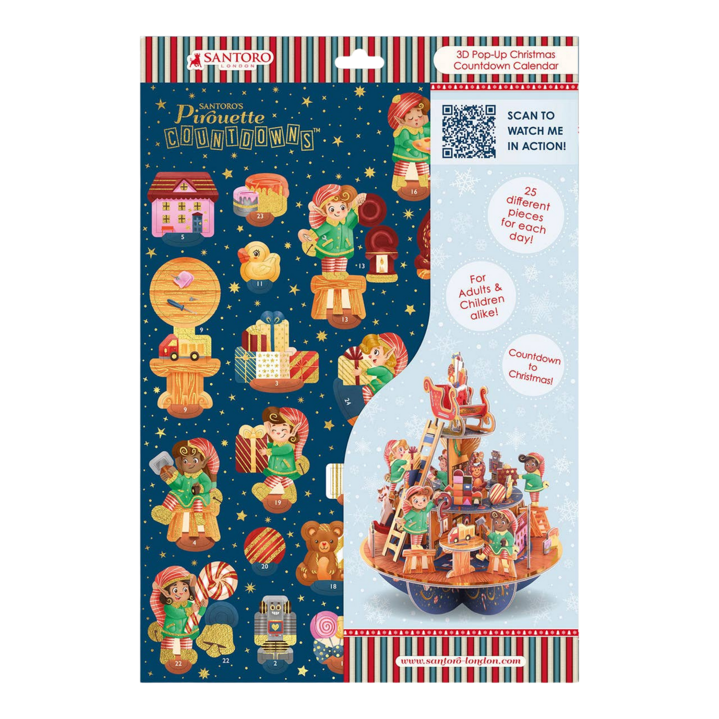 Santoro Countdown to Christmas calendar packaging with colorful ornaments and a tree on a white background