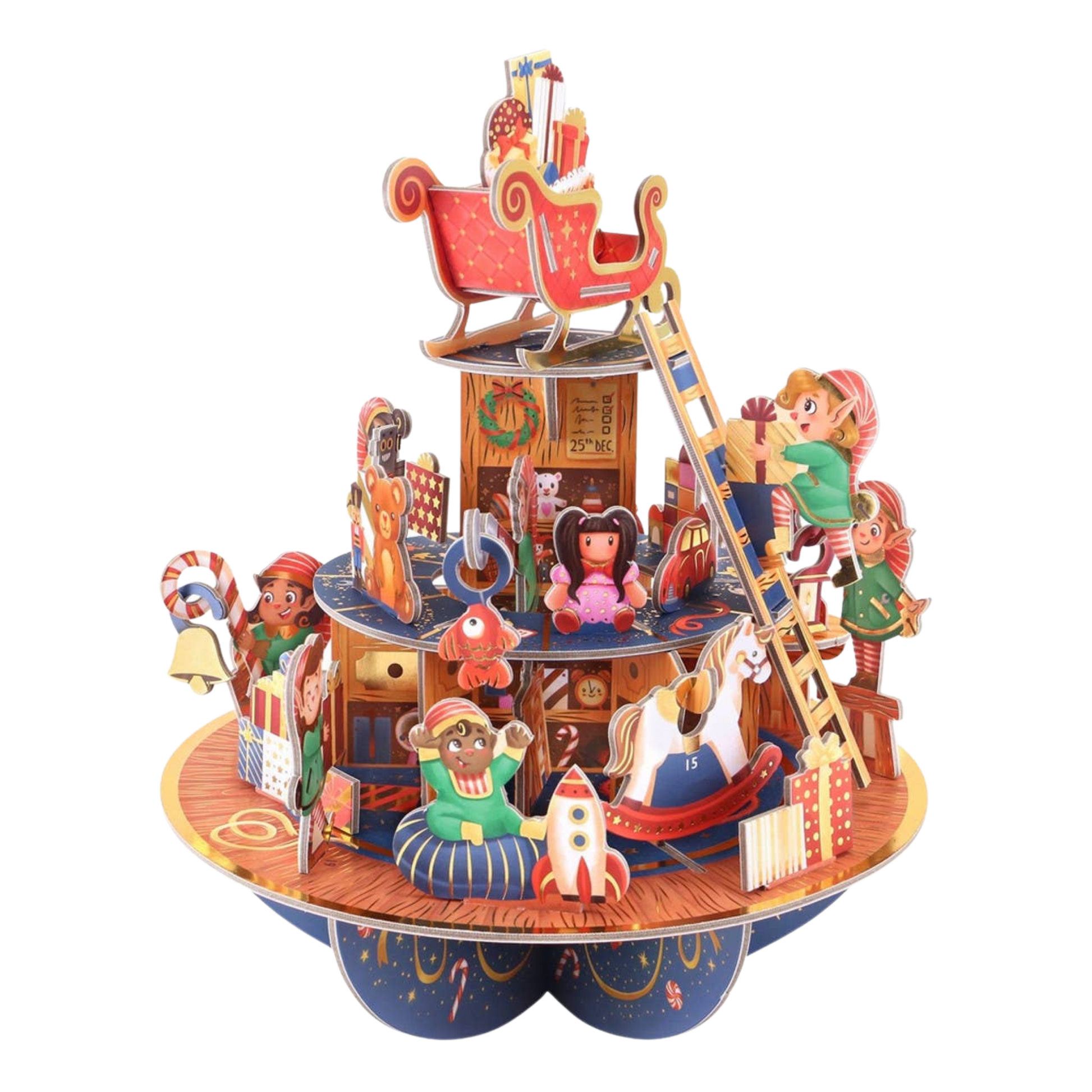 3d pop-up advent calendar of an elf workshop with elves building toys