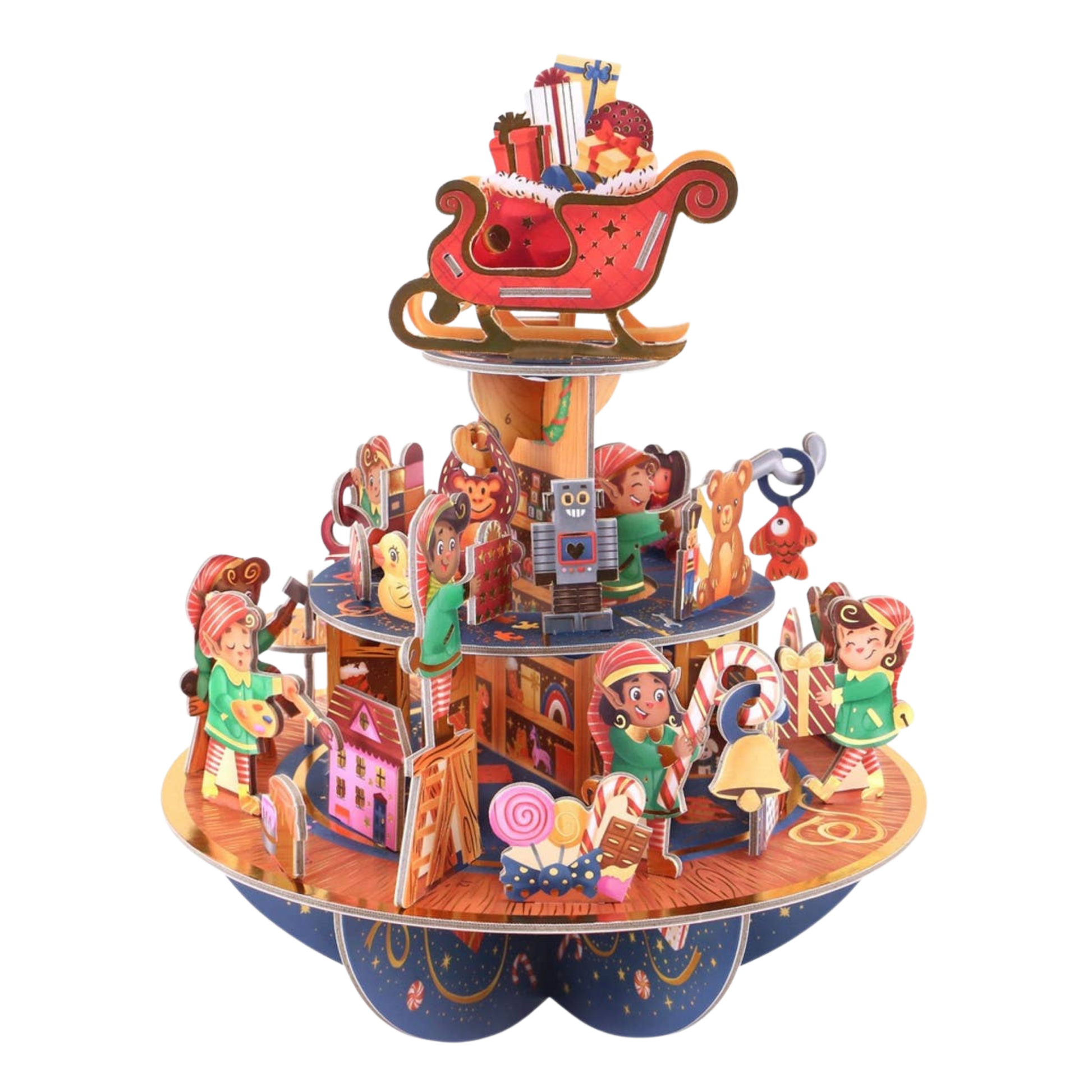 3d pop-up advent calendar of an elf workshop with elves building toys