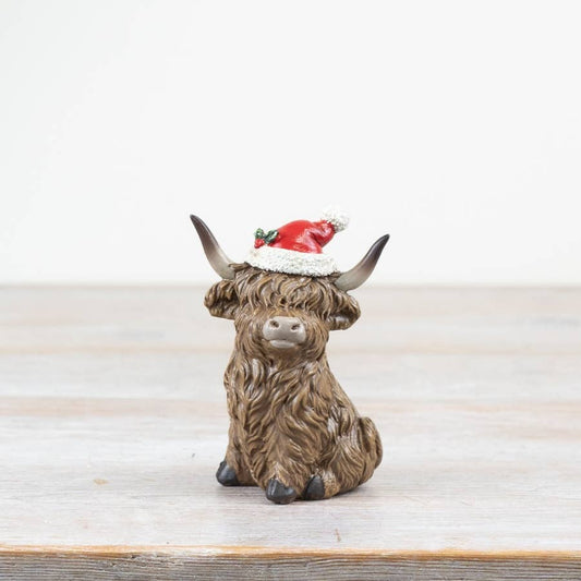 Xmas Sitting Highland Cow 9.5cm