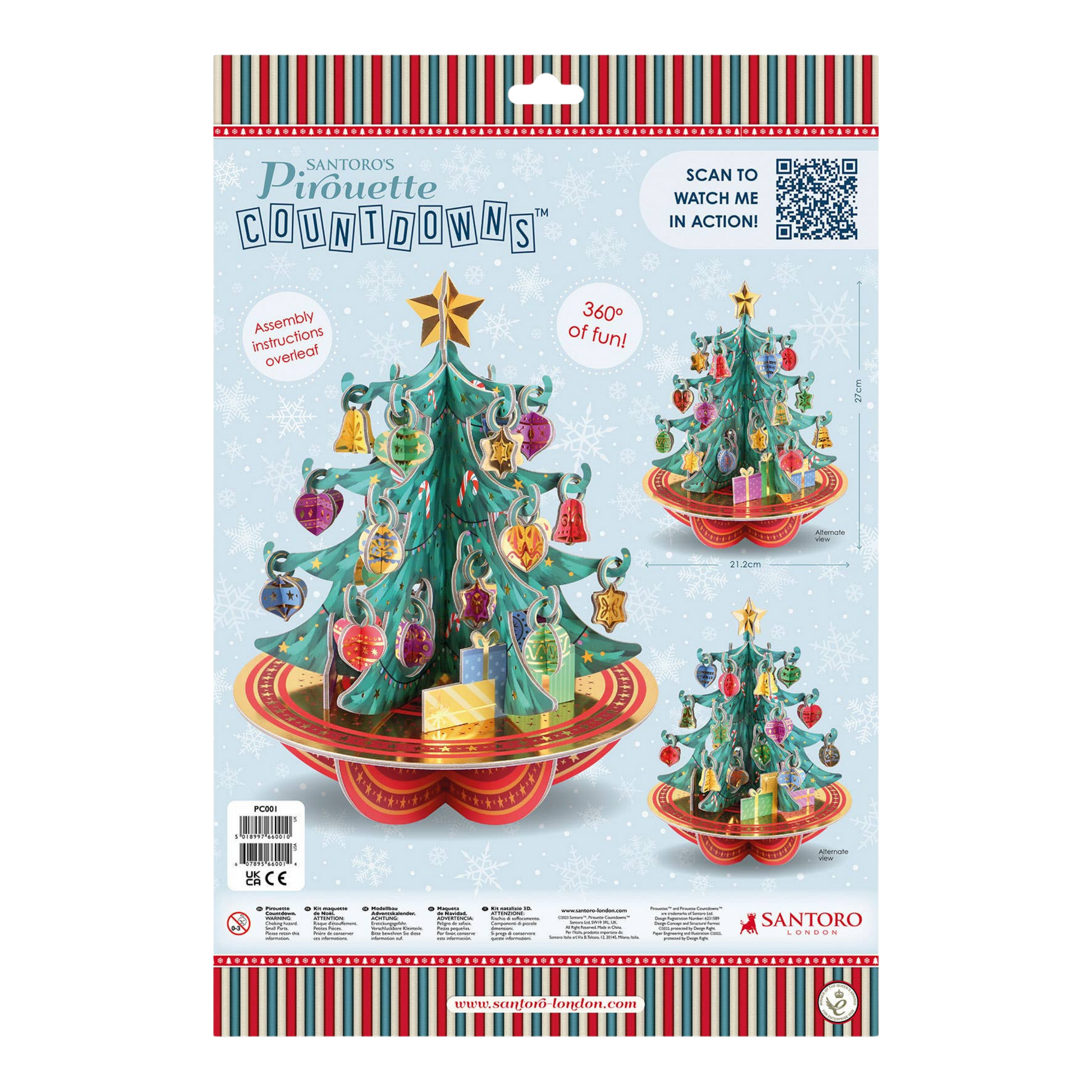 Santoro's Pinoulette Countdowns Christmas tree packaging with assembly instructions.