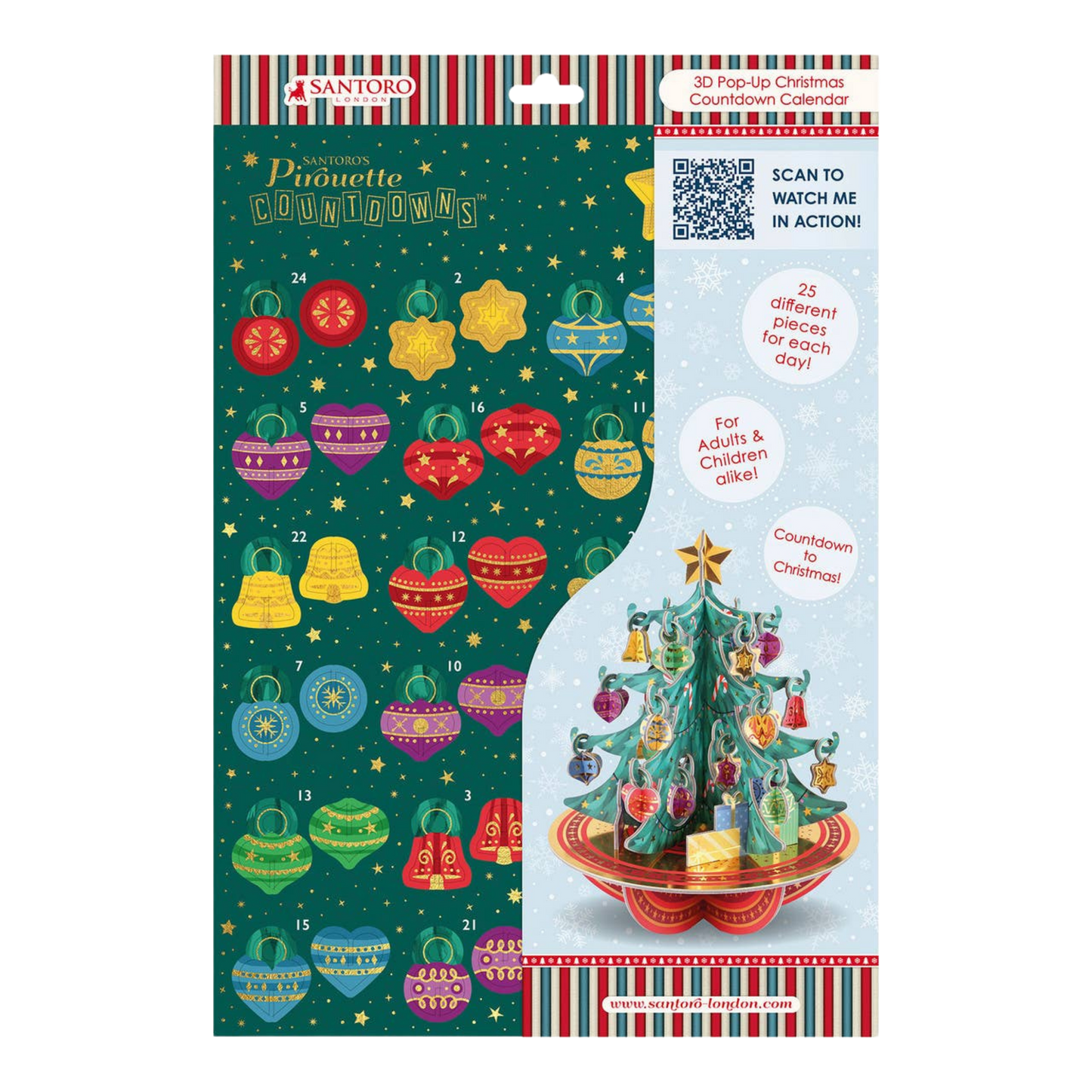 Santoro Countdown to Christmas calendar packaging with colorful ornaments and a tree on a white background