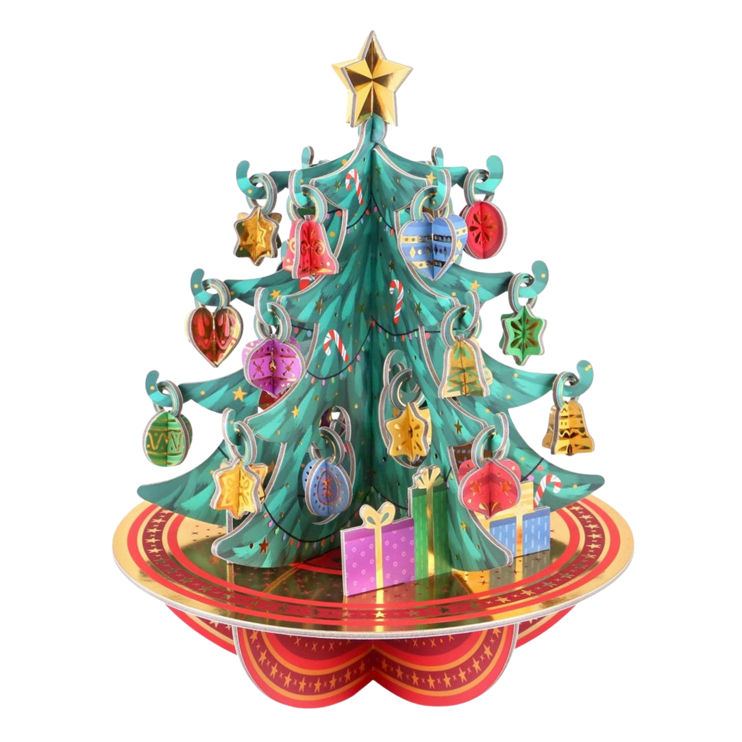 Colorful Christmas tree 3d pop-up calendar with decorations on a white background