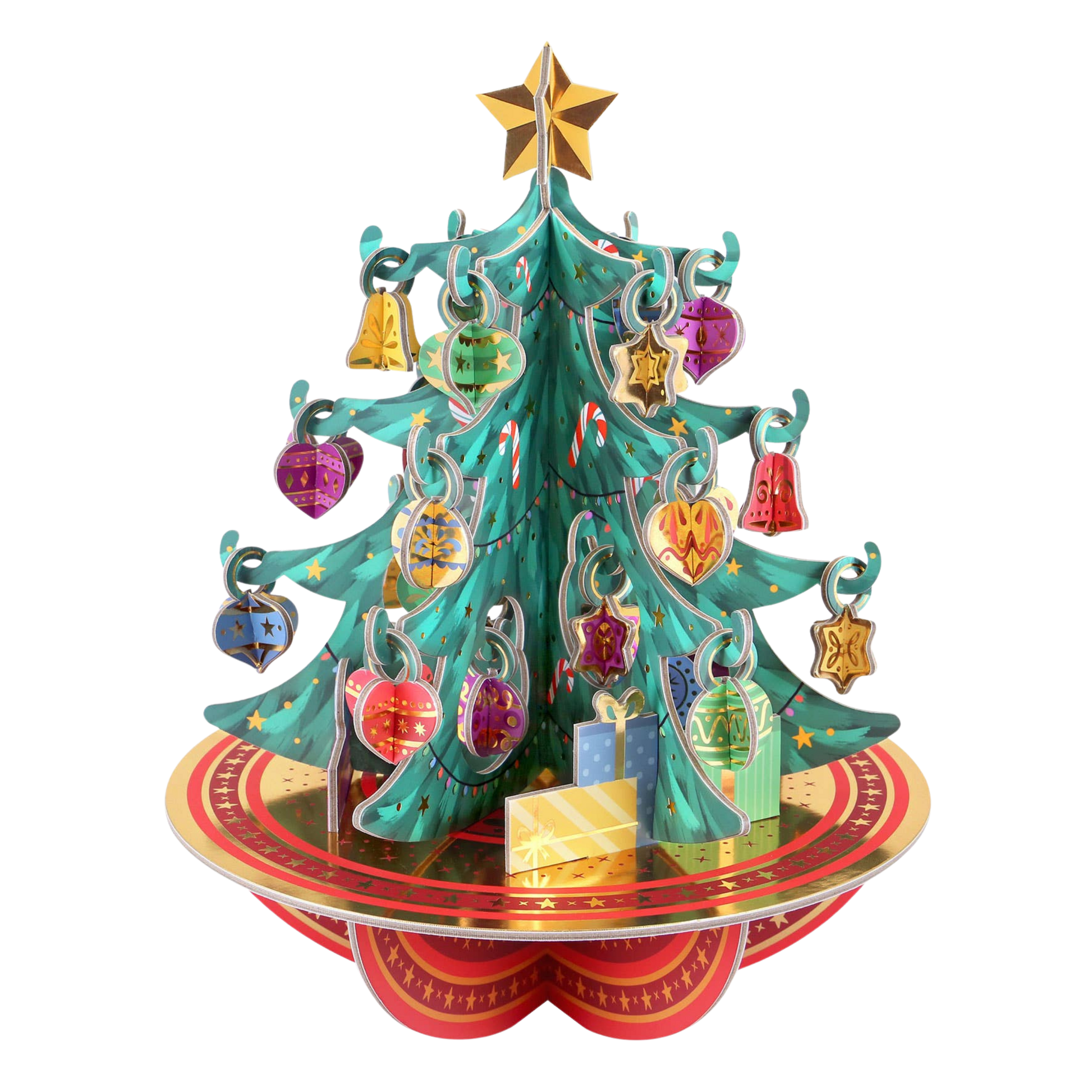 Colorful 3D Christmas tree model with decorations on a white background
