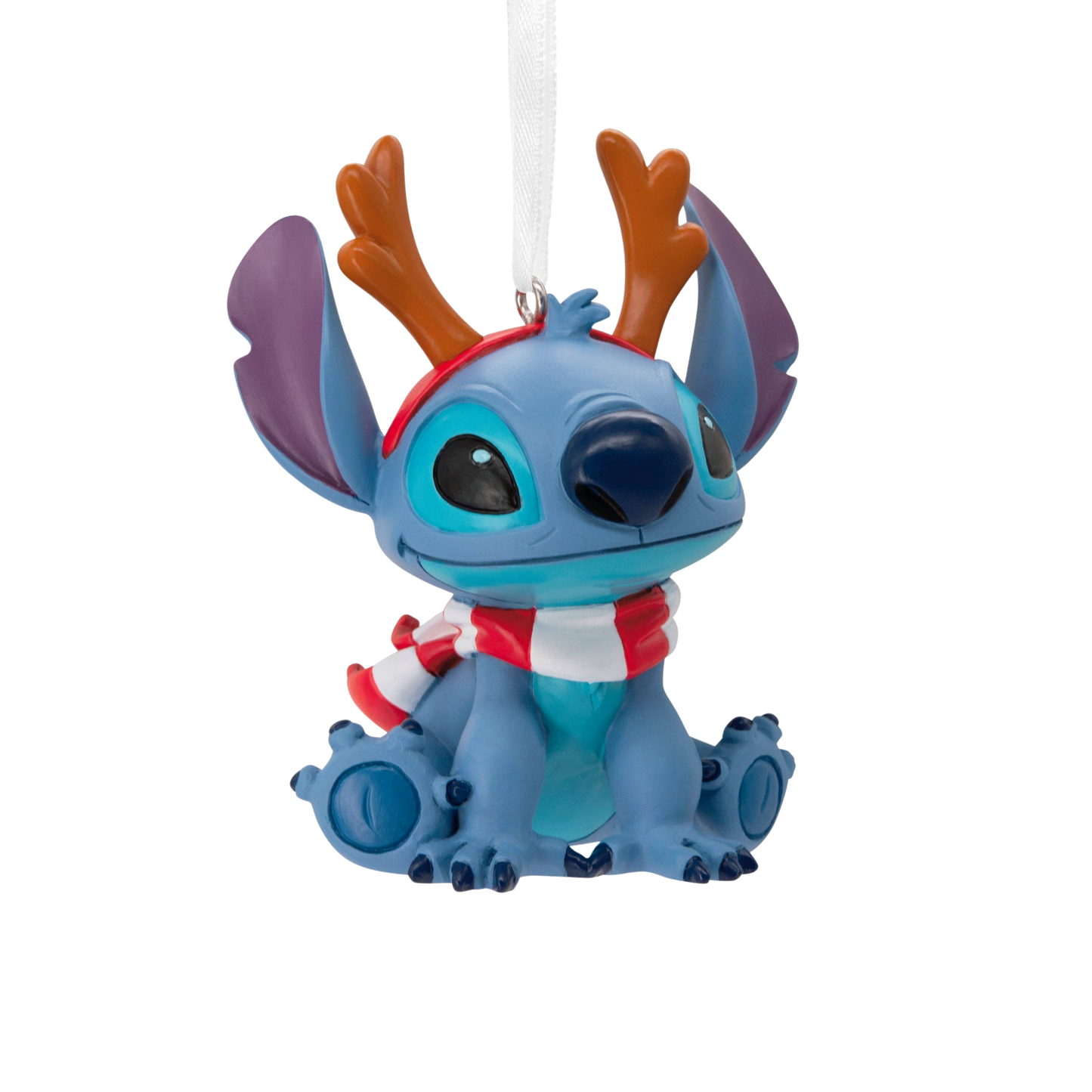 Stitch Christmas hanging ornament with reindeer antlers and a scarf.