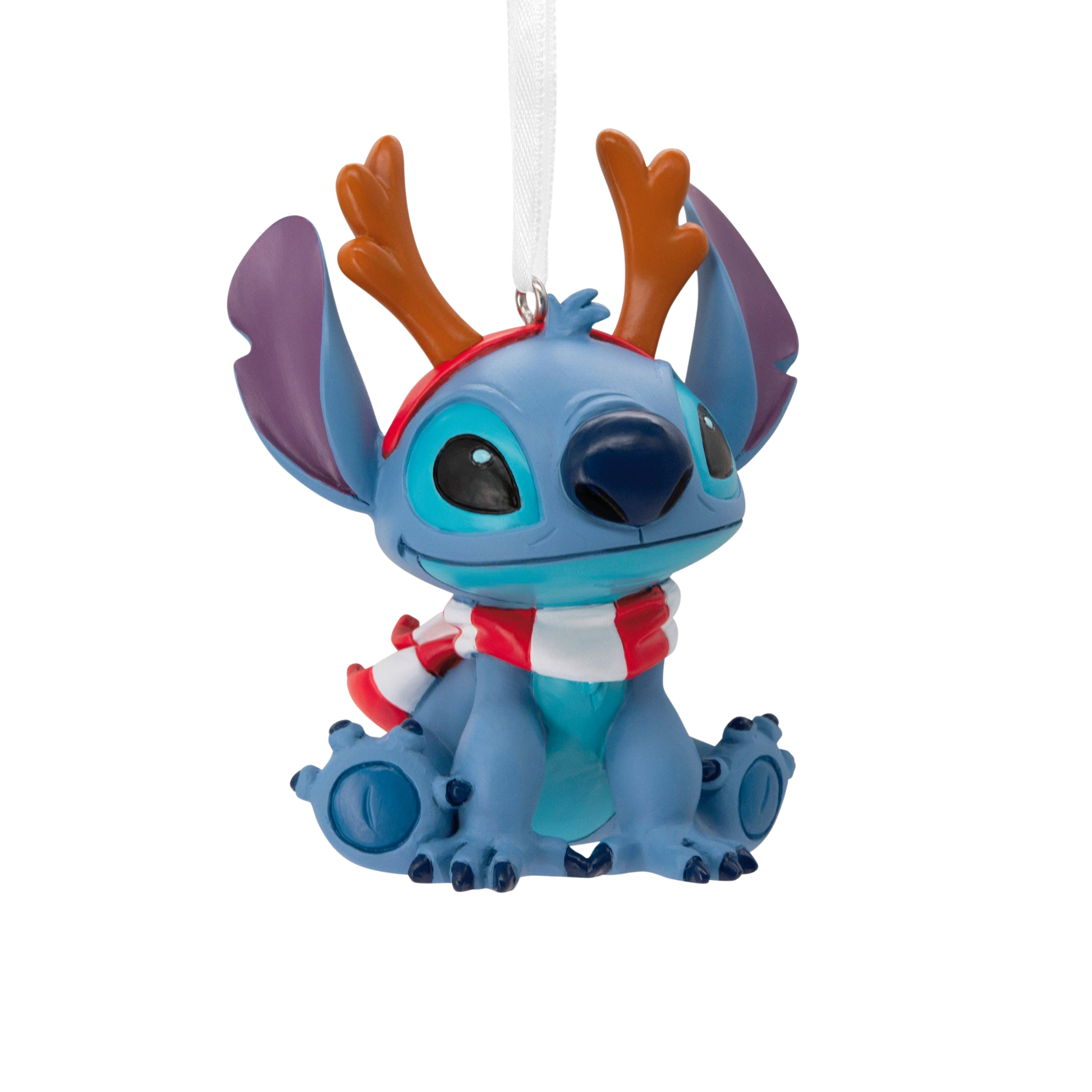 Stitch Christmas hanging ornament with reindeer antlers and a scarf.