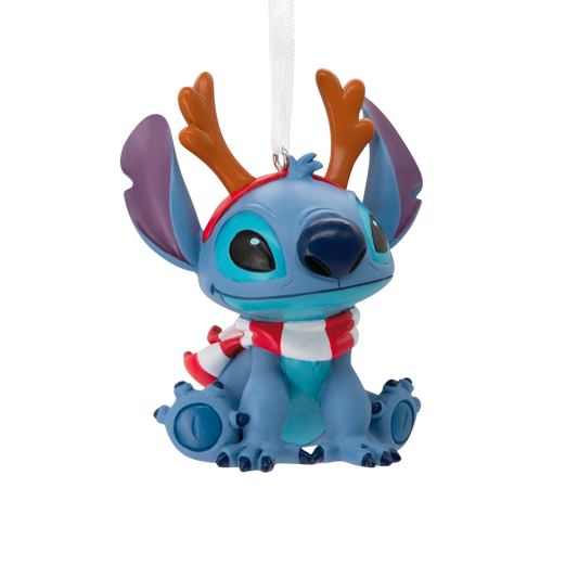 Stitch Christmas hanging ornament with reindeer antlers and a scarf.
