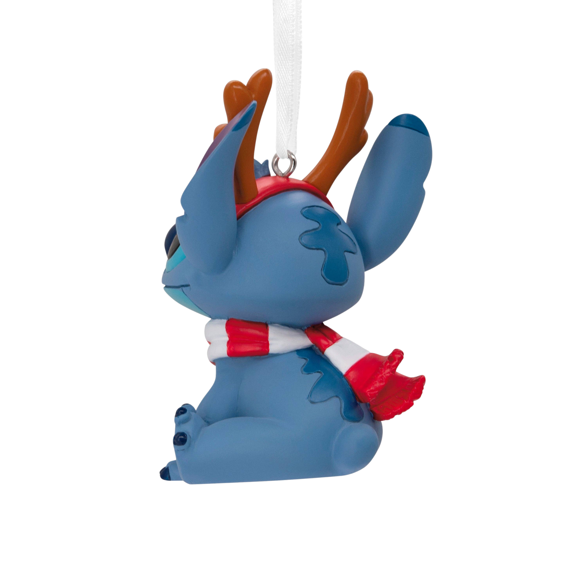 Stitch Christmas hanging ornament with reindeer antlers and a scarf back view.