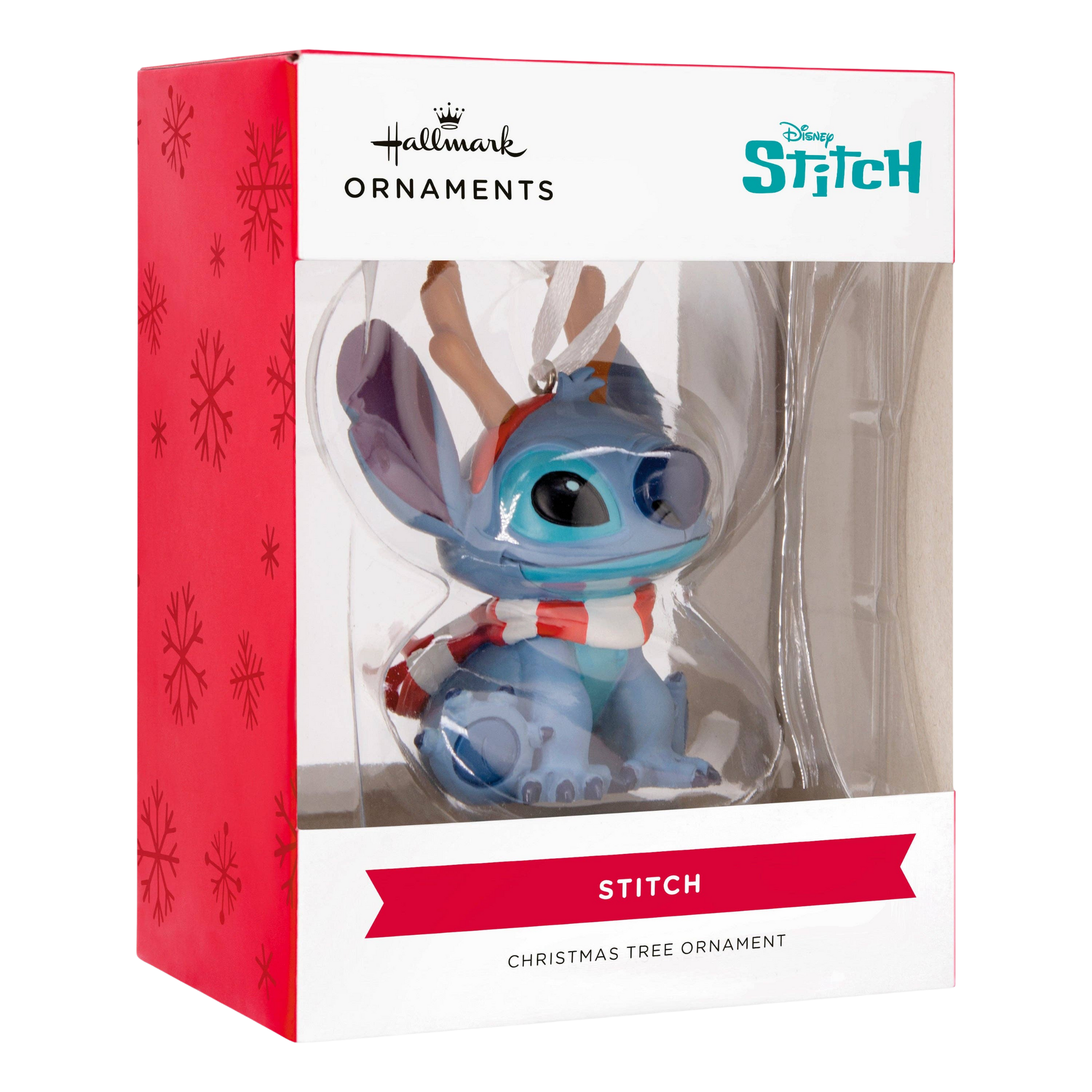 Hallmark Disney Stitch Christmas tree ornament packaging with red and white design.