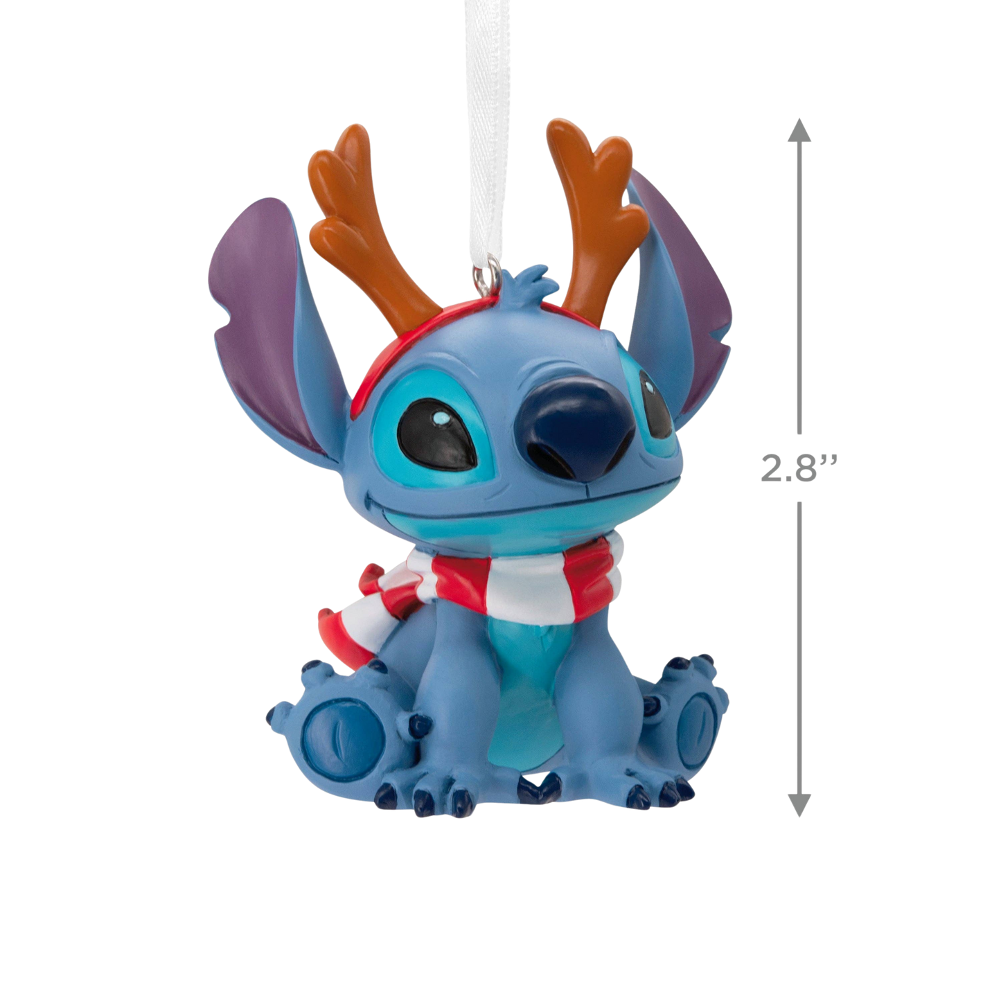 Stitch Christmas ornament with reindeer antlers and a scarf size guide 2.8".