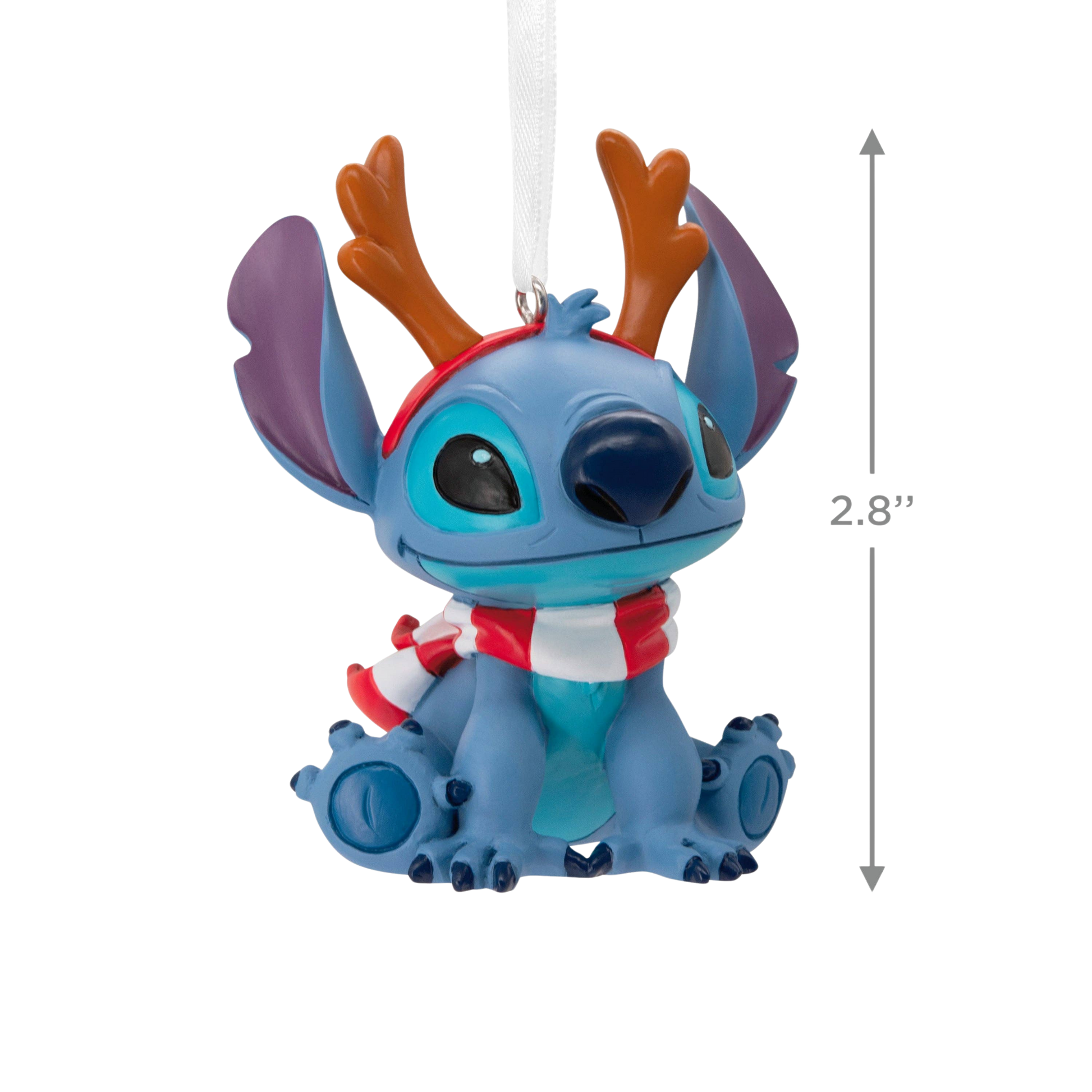Stitch Christmas ornament with reindeer antlers and a scarf size guide 2.8".