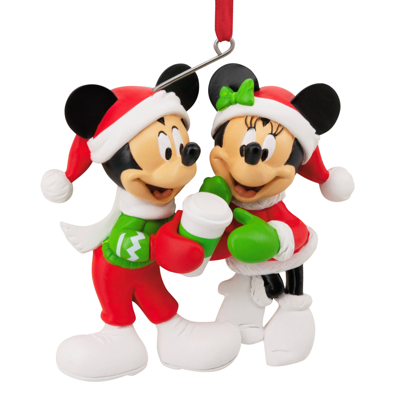 Christmas-themed Mickey and Minnie Mouse figurines in festive outfits hanging Christmas ornament