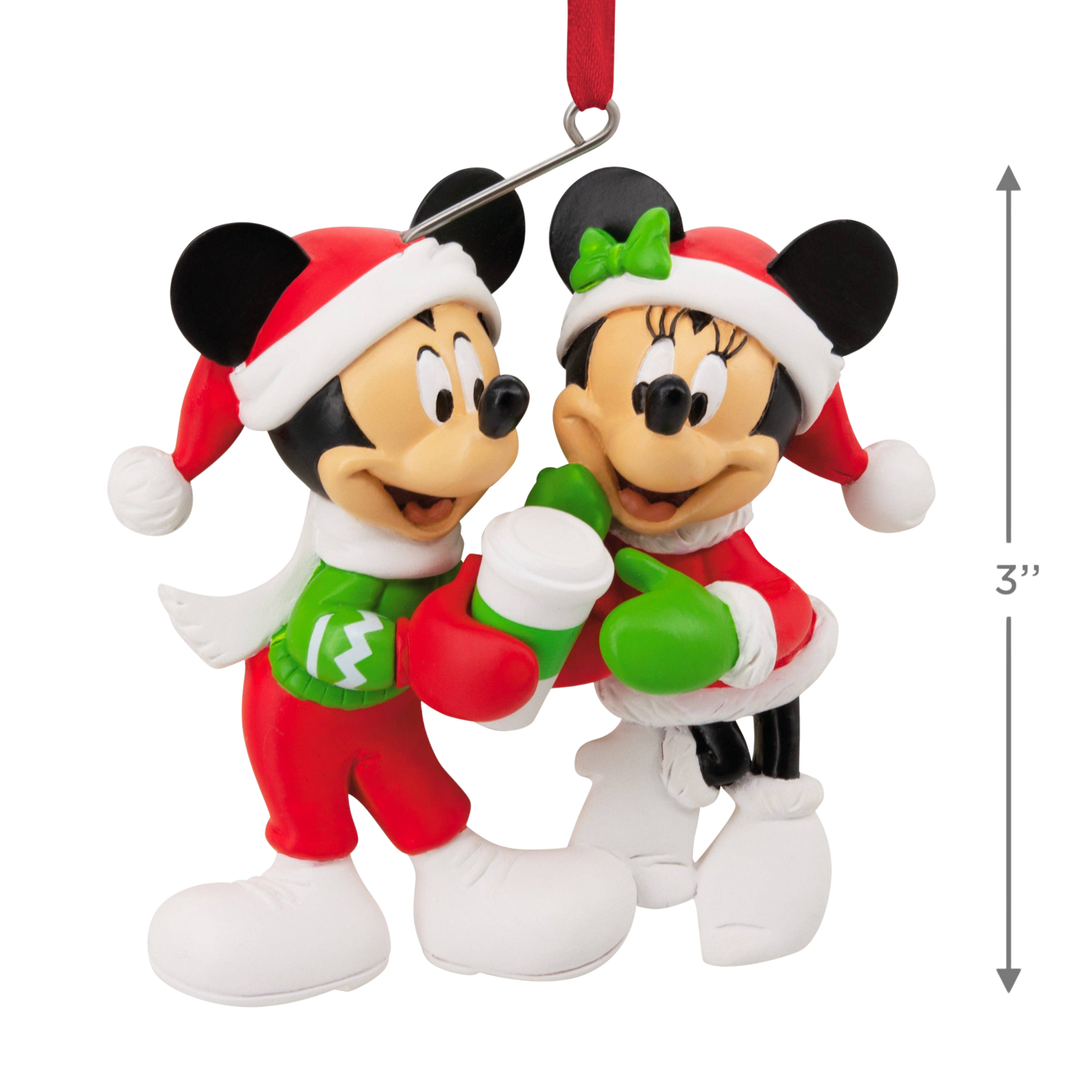 Christmas-themed Mickey and Minnie Mouse figurine Christmas hanging ornaments with a measurement indicator 3"