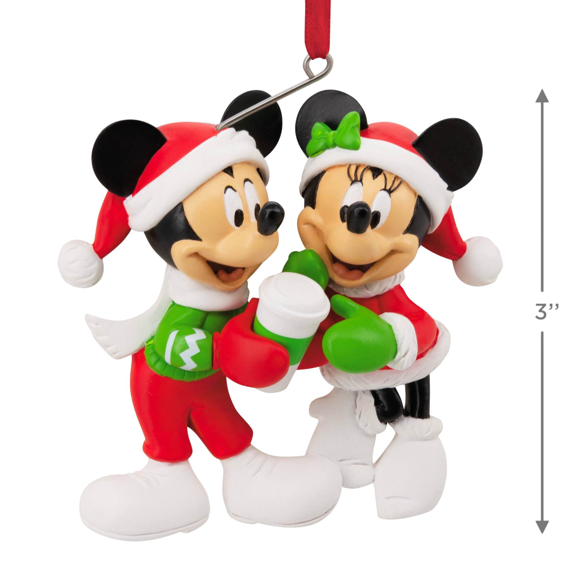 Christmas-themed Mickey and Minnie Mouse figurine Christmas hanging ornaments with a measurement indicator 3"