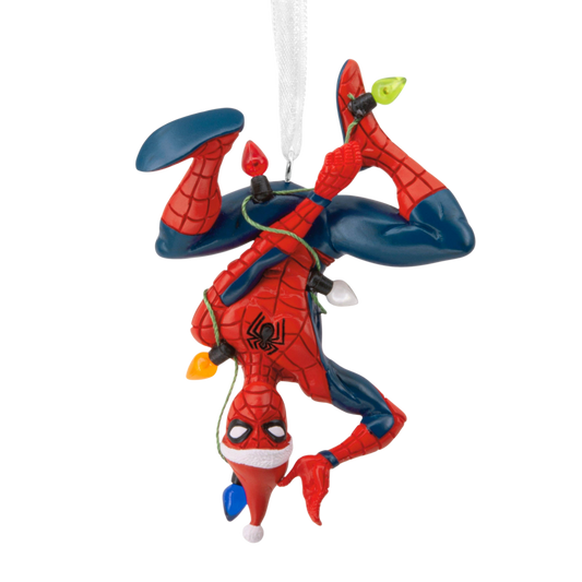 Spider-Man tangled in fairy lights Christmas ornament