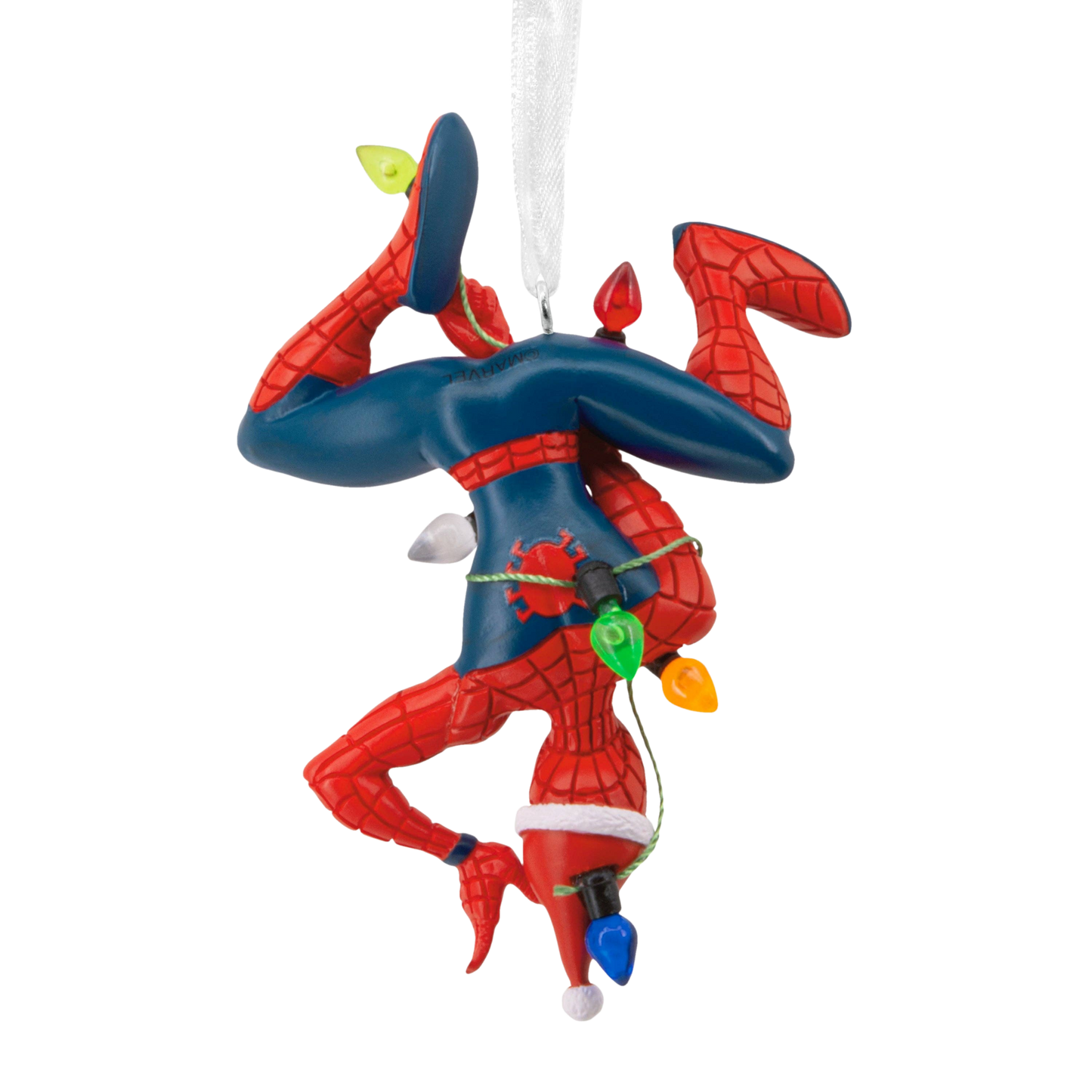 Back view of Spider-Man tangled in fairy lights hanging Christmas ornament