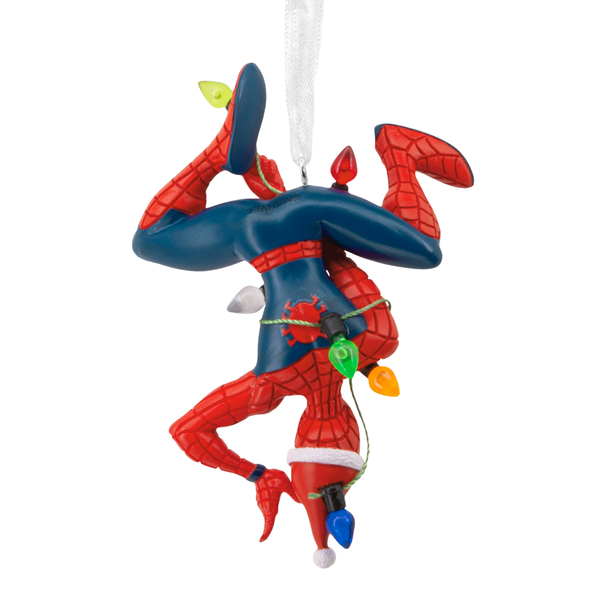 Back view of Spider-Man tangled in fairy lights hanging Christmas ornament