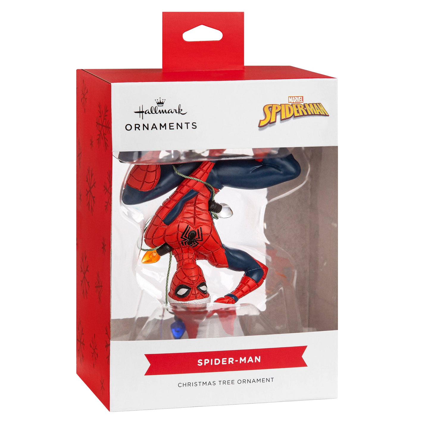 Spider-Man tangled in fairy lights Christmas ornament in its Hallmark box packaging