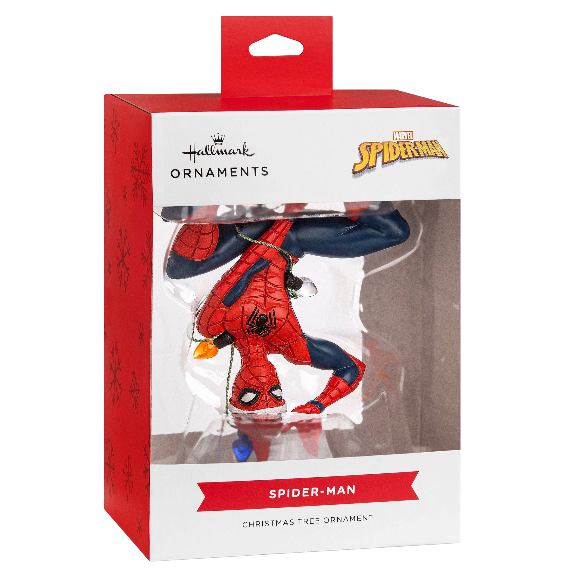 Spider-Man tangled in fairy lights Christmas ornament in its Hallmark box packaging