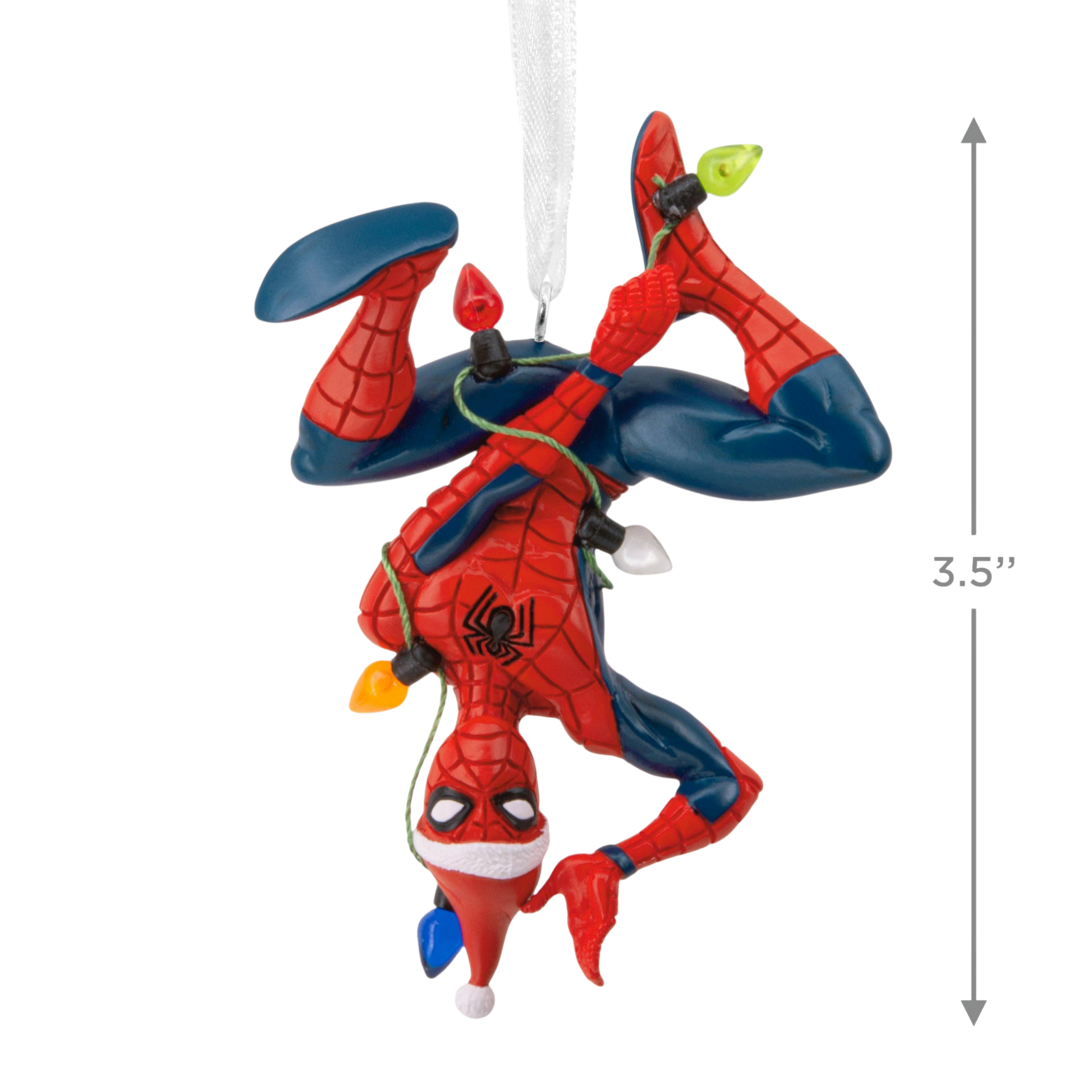 Spider-Man tangled in fairy lights Christmas ornament with size guide showing 3.5"