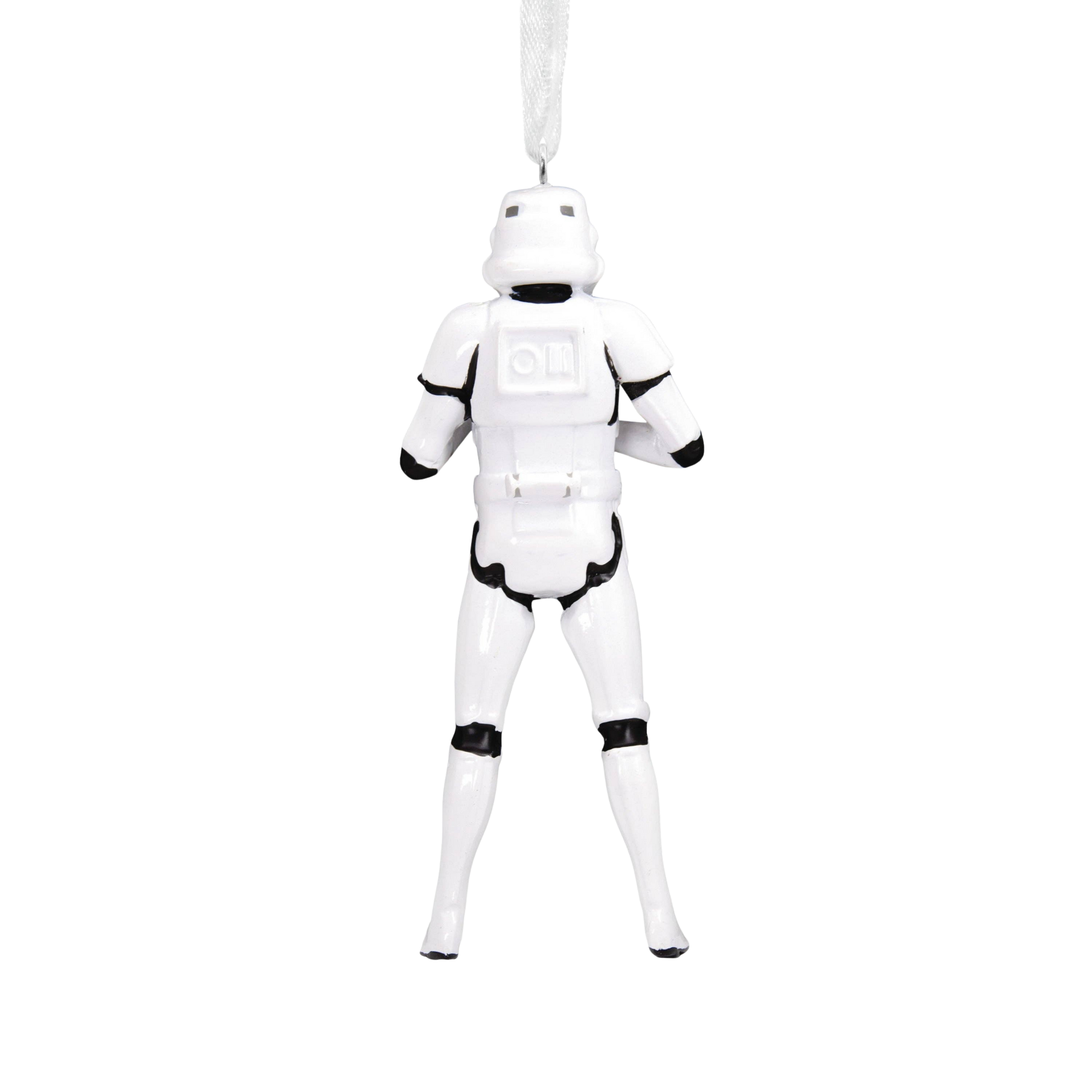 Back of a stormtrooper figure from Star Wars hanging Christmas ornament