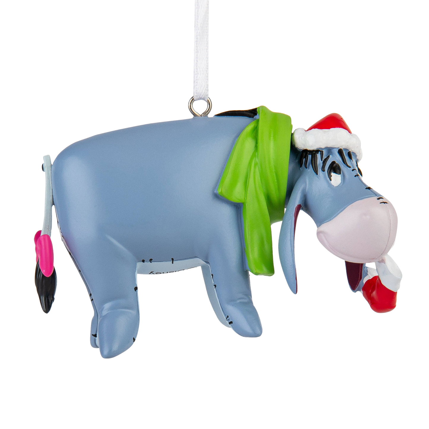 Eeyore donkey Christmas ornament wearing green scarf and red Christmas hat