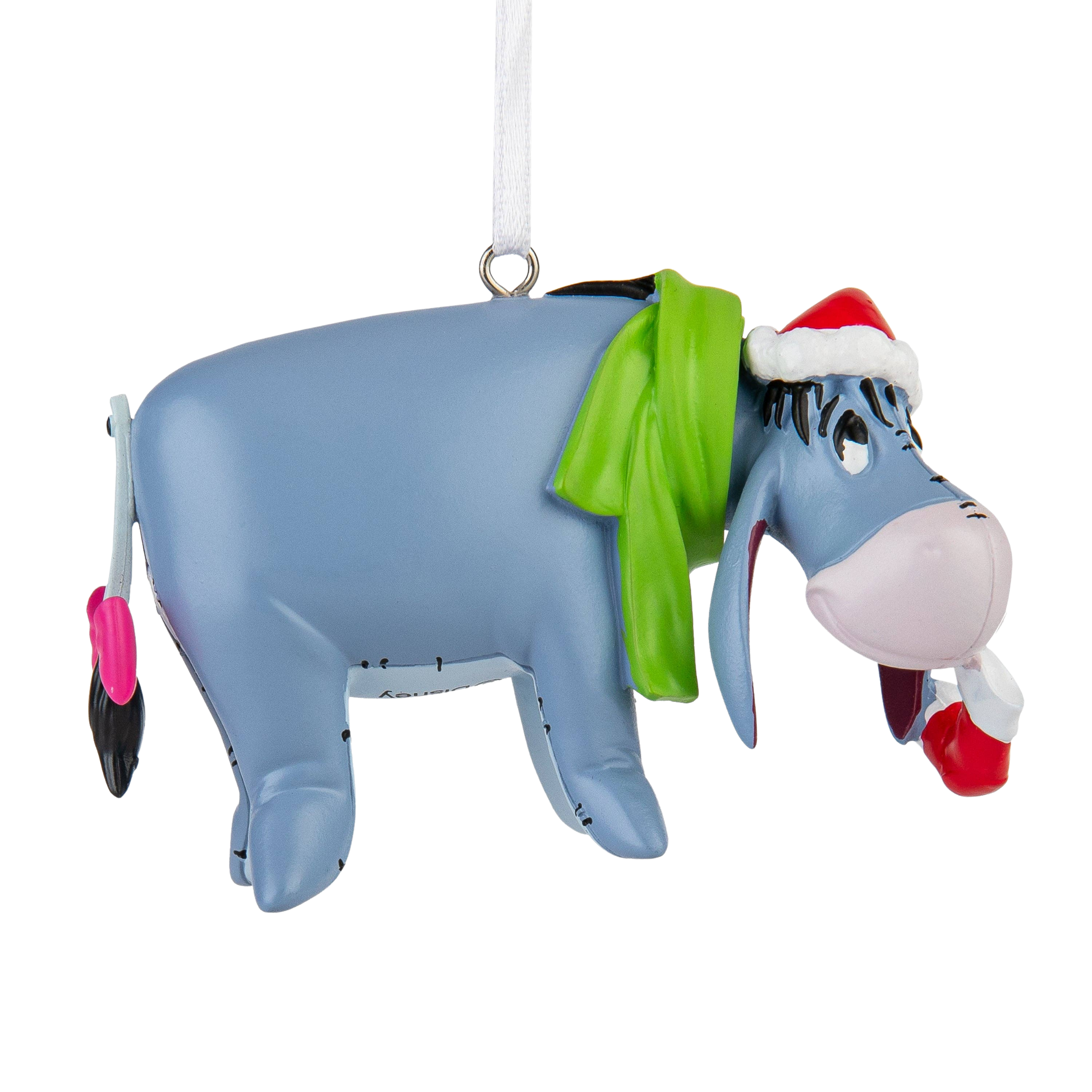 Eeyore donkey Christmas ornament wearing green scarf and red Christmas hat