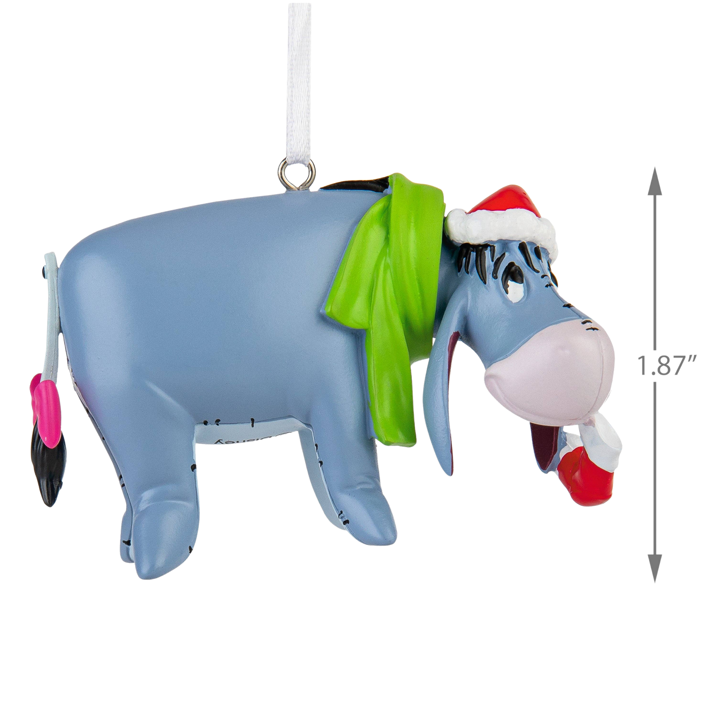 Eeyore donkey Christmas ornament wearing green scarf and red Christmas hat with size guide 1.87"