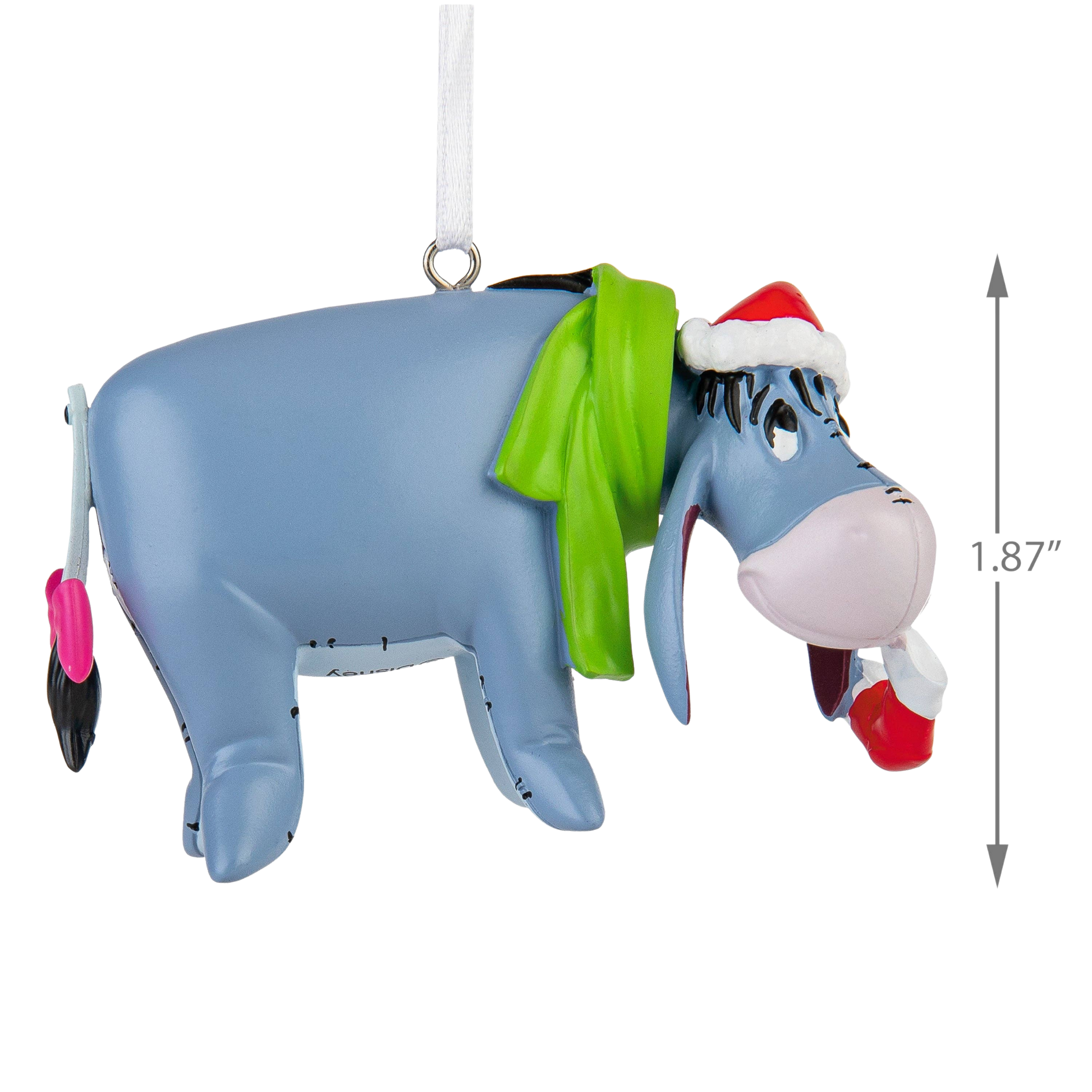 Eeyore donkey Christmas ornament wearing green scarf and red Christmas hat with size guide 1.87"