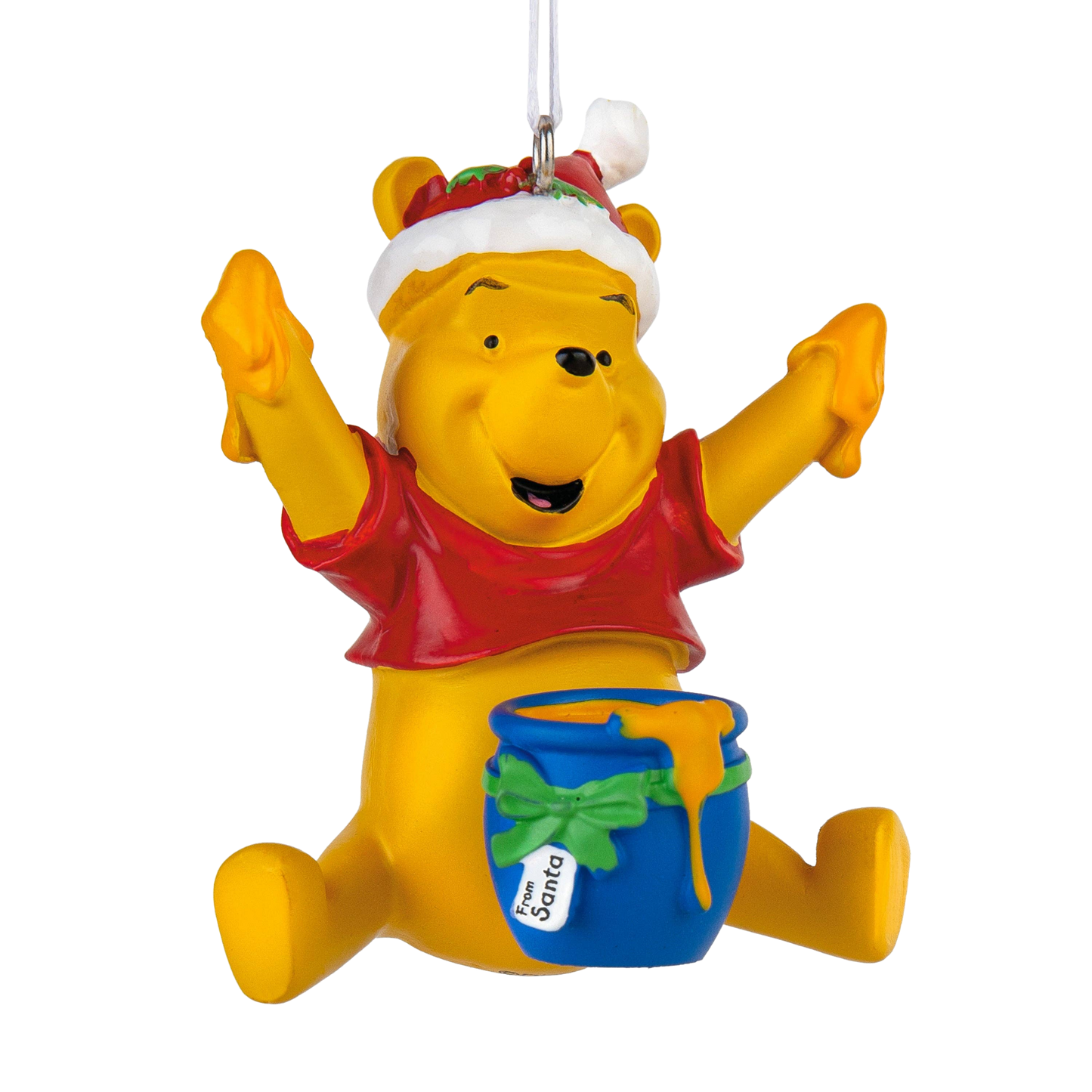 Winnie the Pooh wearing a Christmas hat with a bowl of honey Christmas ornament