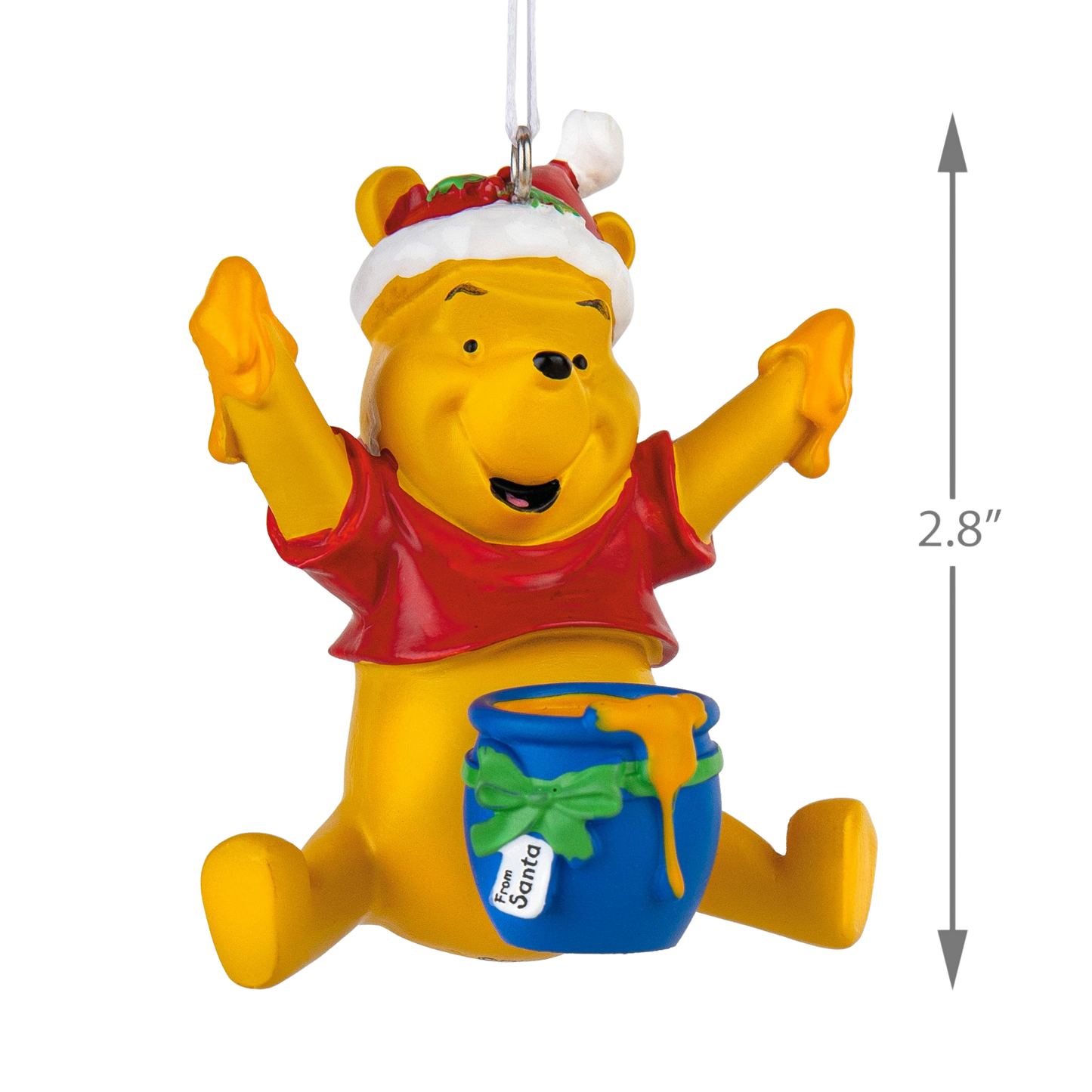 Winnie the Pooh wearing a Christmas hat with a blue bowl of honey and a size guide that says 2.8"