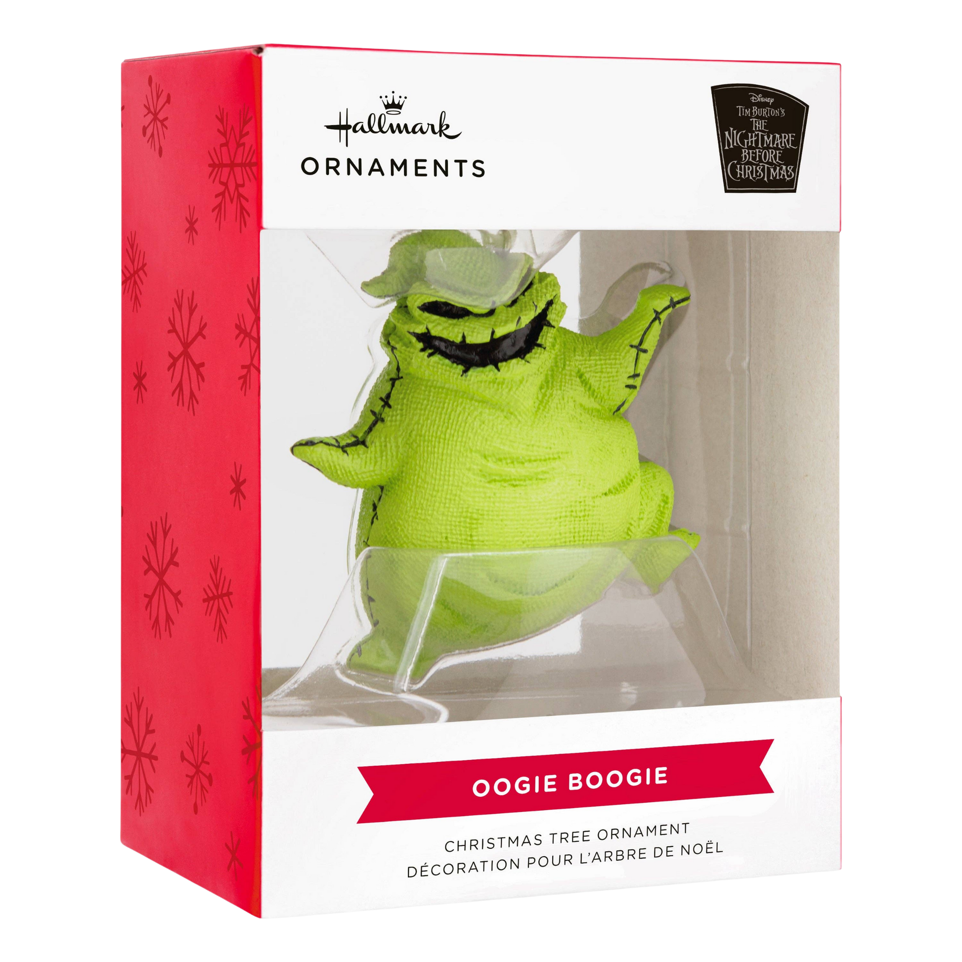 The Nightmare Before Christmas Oogie Boogie Christmas hanging ornament in Hallmark box packaging. 