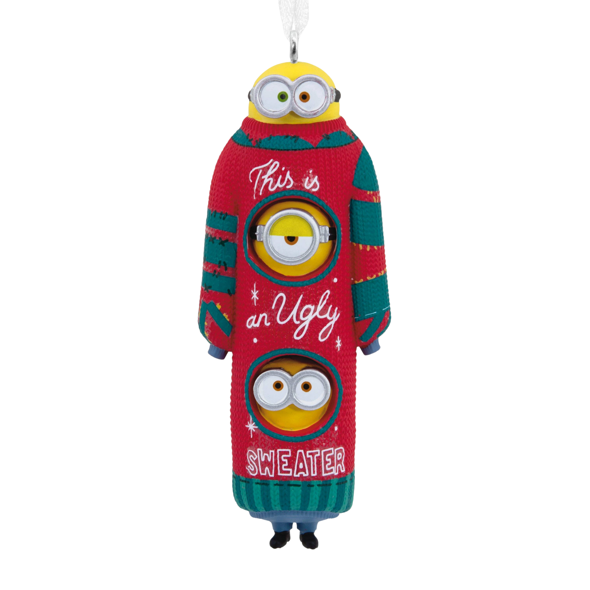 Minions Kevin, Stuart and Bob wearing a Christmas jumper that says "This is an ugly sweater' - Christmas hanging ornament