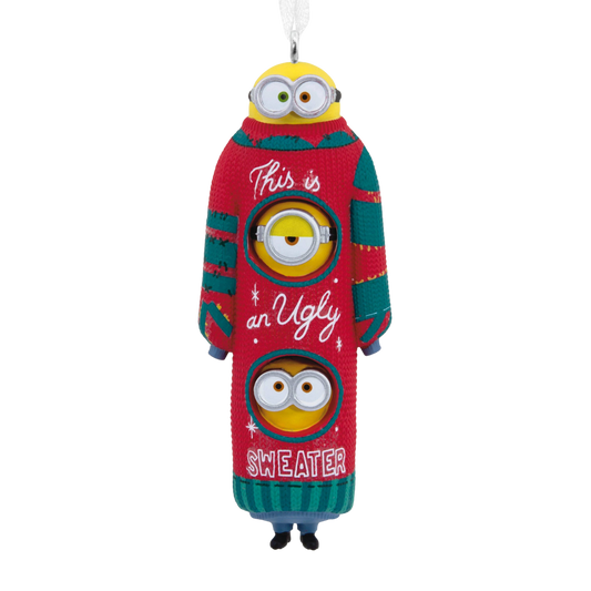 Minions Kevin, Stuart and Bob wearing a Christmas jumper that says "This is an ugly sweater' - Christmas hanging ornament