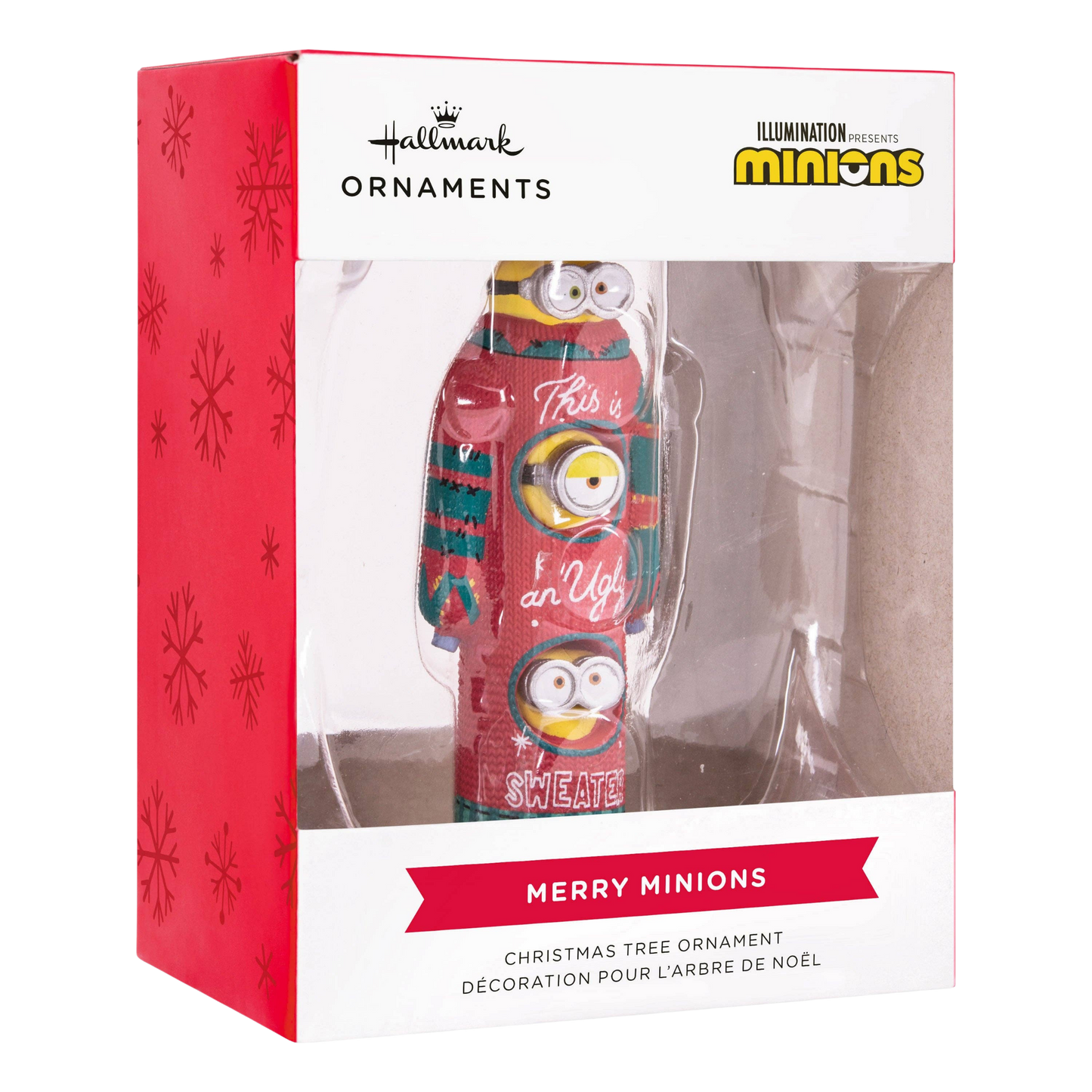 Minions Kevin, Stuart and Bob wearing a Christmas jumper hanging ornament in its Hallmark box packaging