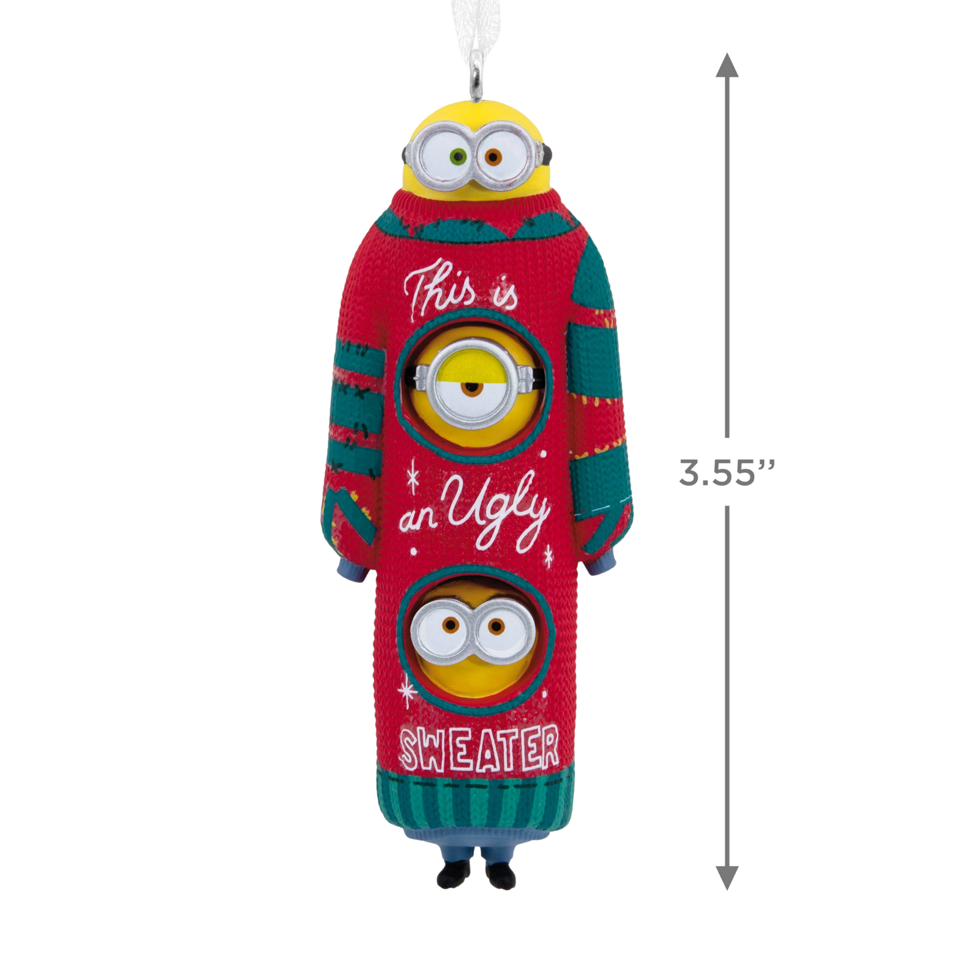 Minions Kevin, Stuart and Bob wearing a Christmas jumper size guide 3.55"