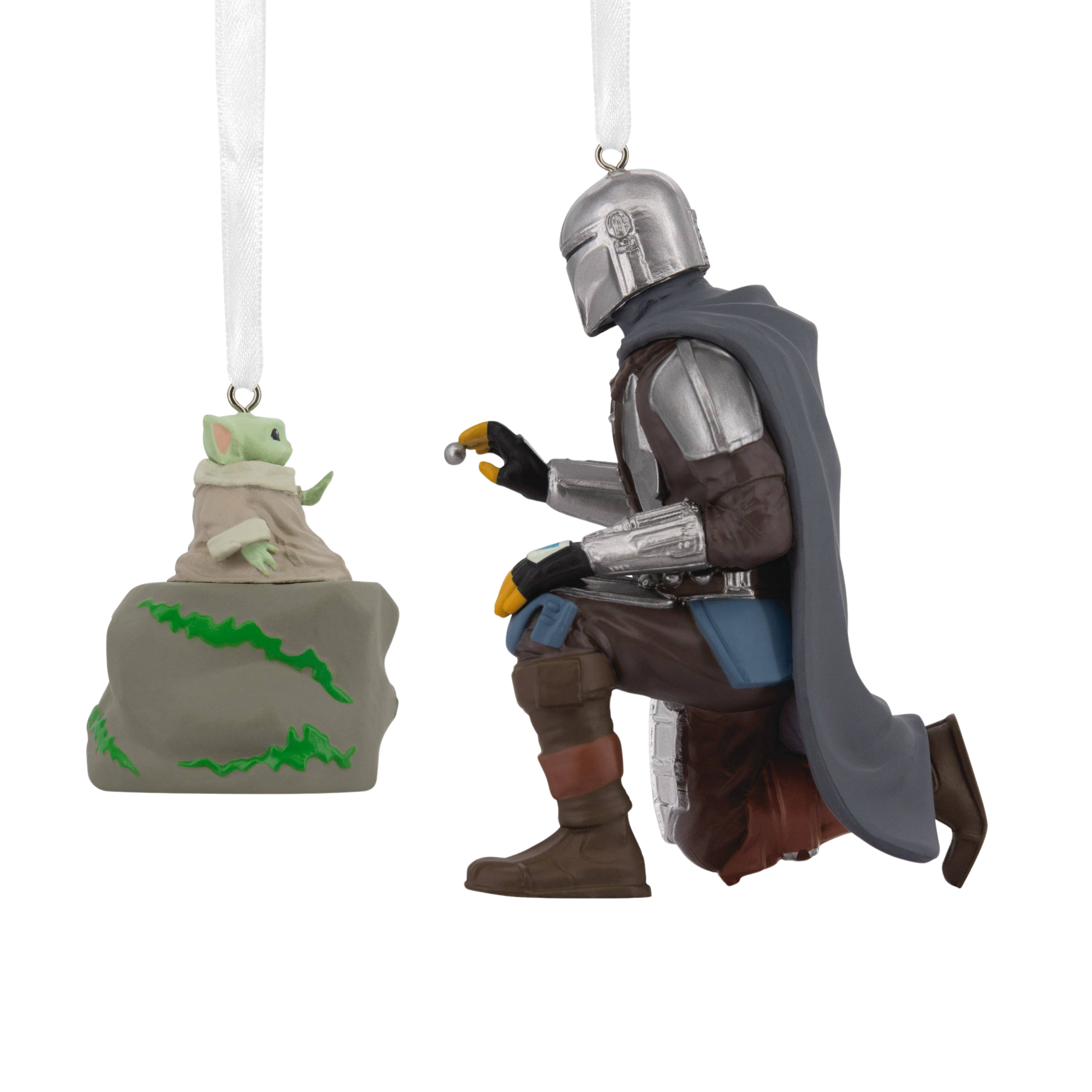 Star Wars The Mandalorian and Grogu Christmas ornaments back view. 