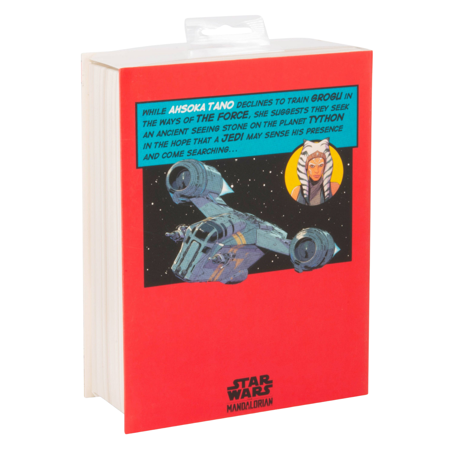 The back of the box of the Star Wars The Mandalorian and Grogu Christmas ornaments showing a comic-book style panel featuring Ashoka Tano. 