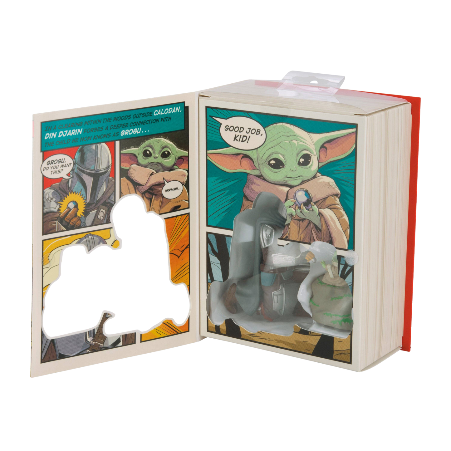 Star Wars The Mandalorian and Grogu Christmas ornaments box packaging open to reveal a comic-book style series of panels.