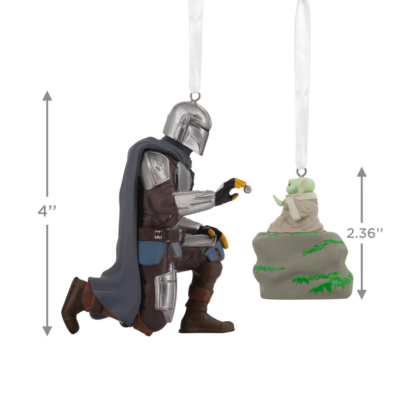 Star Wars The Mandalorian and Grogu Christmas ornaments size guide. The Mandalorian is 4" tall and Grogu is 2.36".