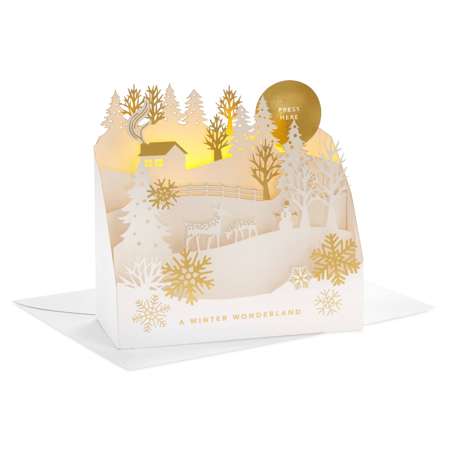 Musical Christmas Card - 3D & Pop-Up White Winter Woodland Design with Light